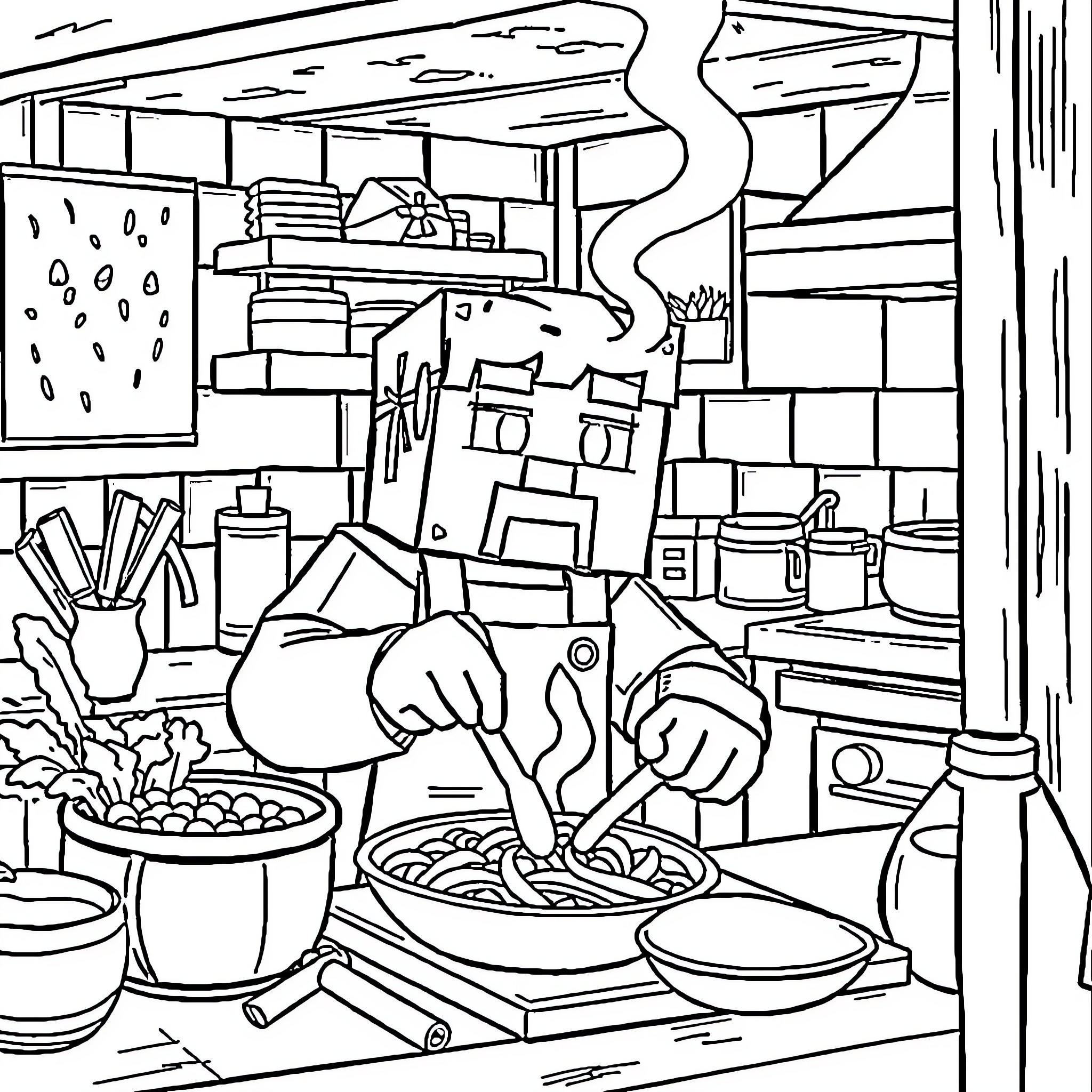 Minecraft Character Cooking in a Kitchen Coloring Page (free black-and-white line drawing printable PDF for all, from beginners to advanced learners, including children, teens, adults, and seniors)