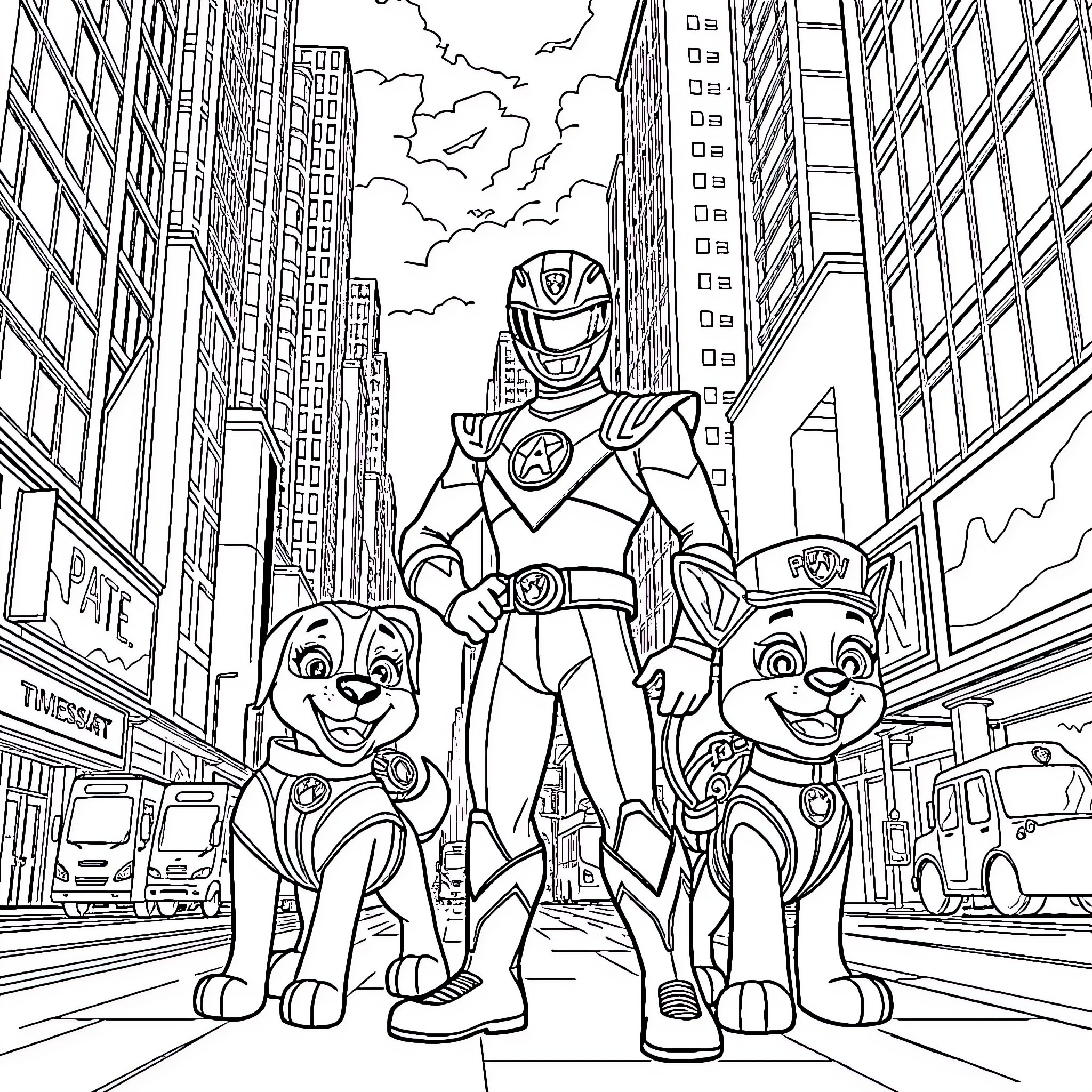 Power Ranger Takes on the City with Canine Companions Coloring Page (free black-and-white line drawing printable PDF for all, from beginners to advanced learners, including children, teens, adults, and seniors)
