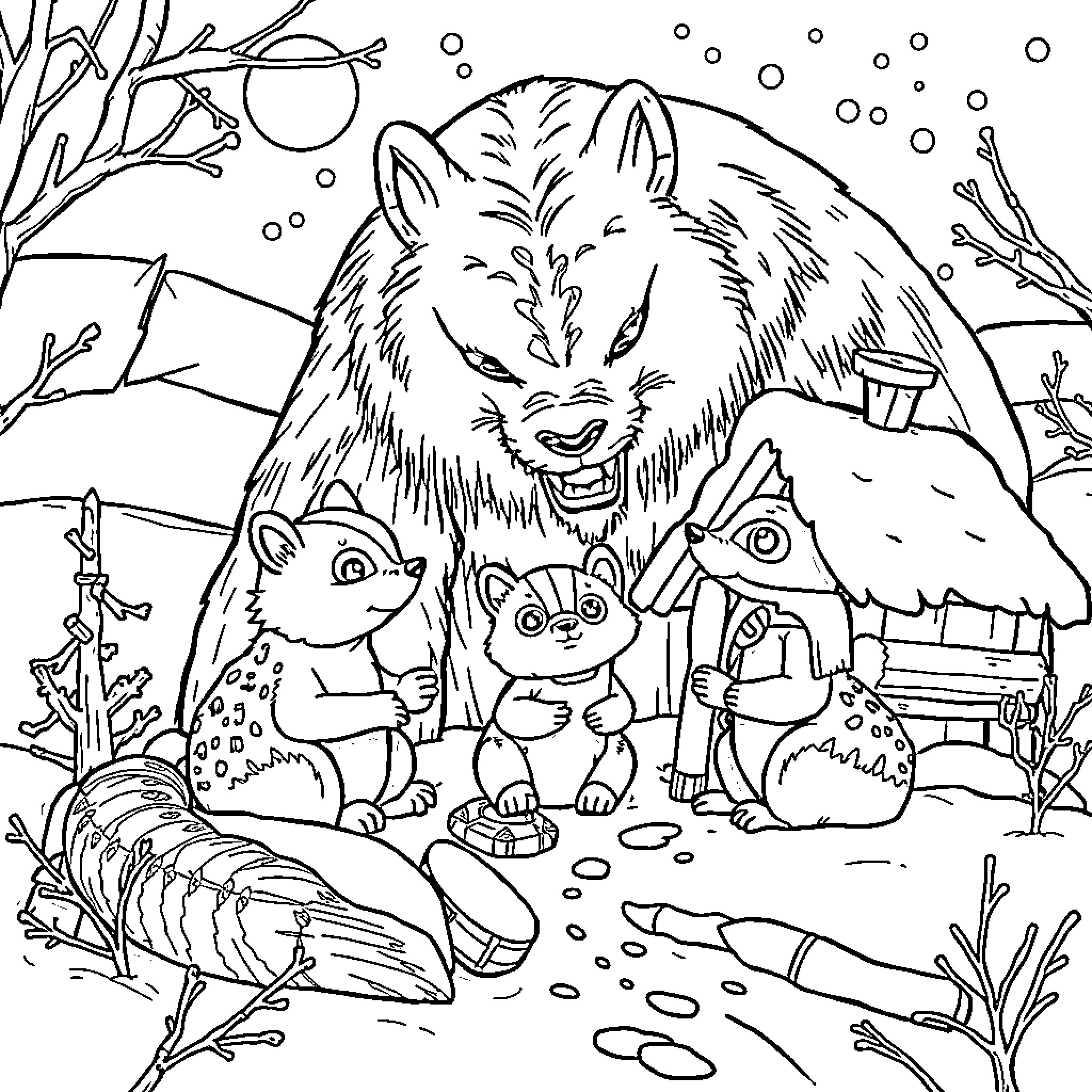 Three Little Pigs encounter the Big Bad Wolf in the forest Coloring Page (free black-and-white line drawing printable PDF for all, from beginners to advanced learners, including children, teens, adults, and seniors)