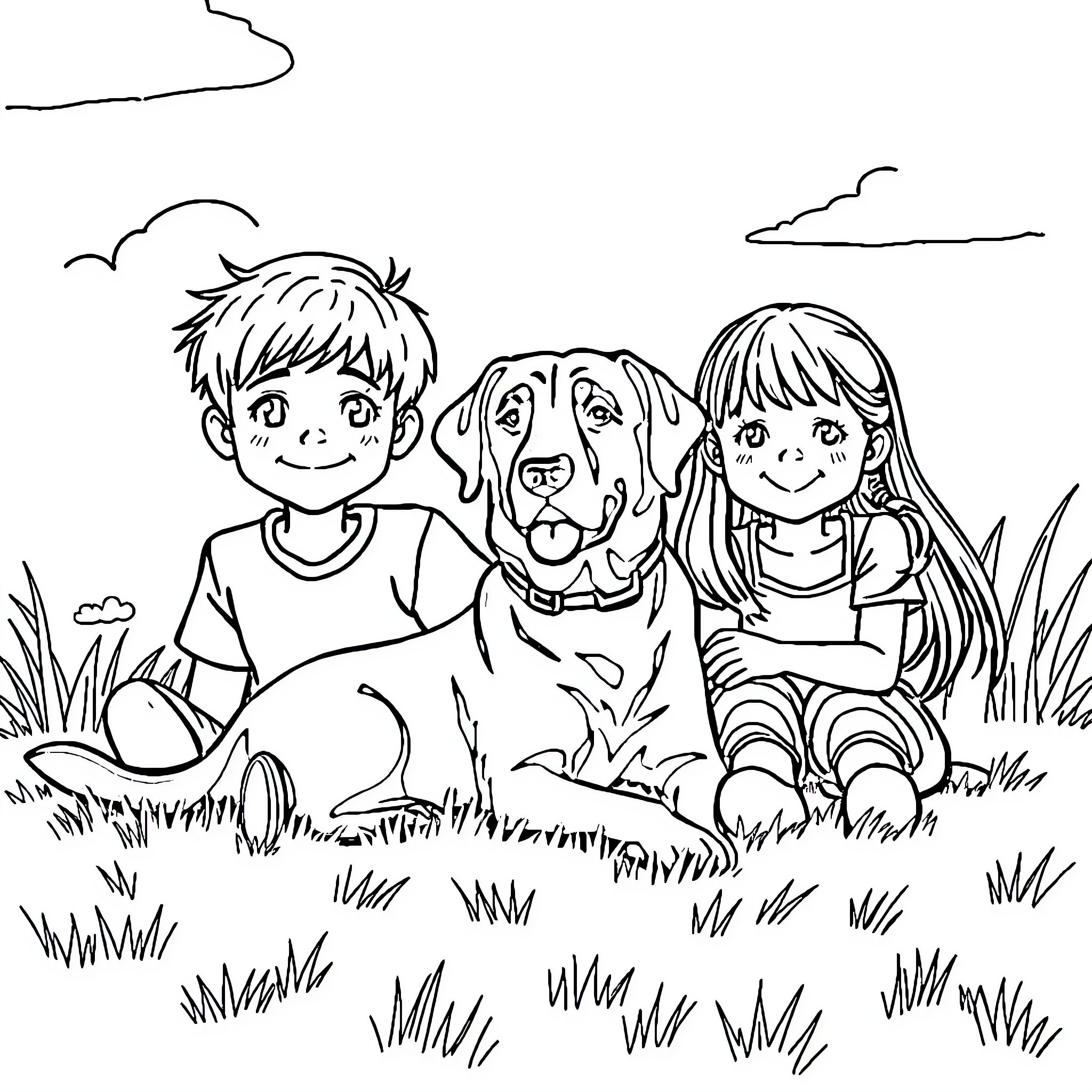 Dog and children playing joyfully in the park Coloring Page (free black-and-white line drawing printable PDF for all, from beginners to advanced learners, including children, teens, adults, and seniors)