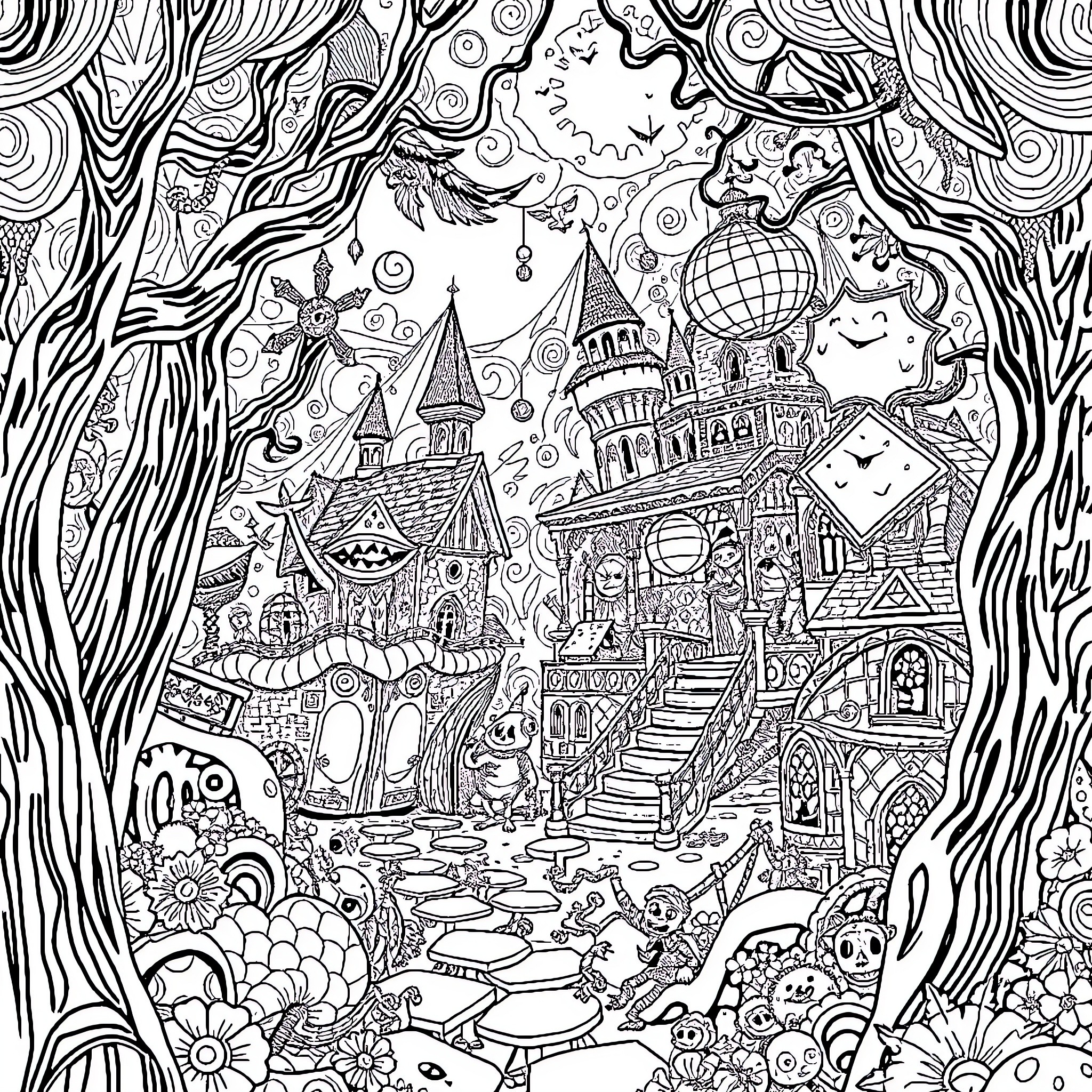 Aneka Anomali: Whimsical and Imaginative Fantastical Landscape Coloring Page (free black-and-white line drawing printable PDF for all, from beginners to advanced learners, including children, teens, adults, and seniors)