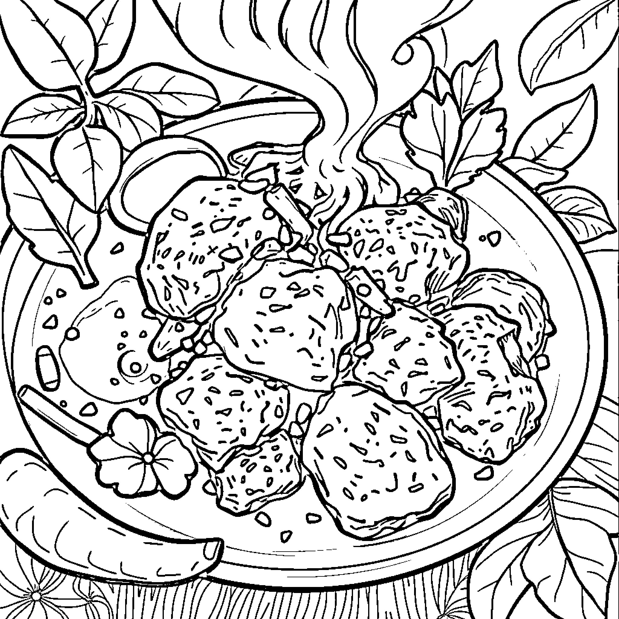 Rendang dish with aromatic herbs and spices Coloring Page (free black-and-white line drawing printable PDF for all, from beginners to advanced learners, including children, teens, adults, and seniors)