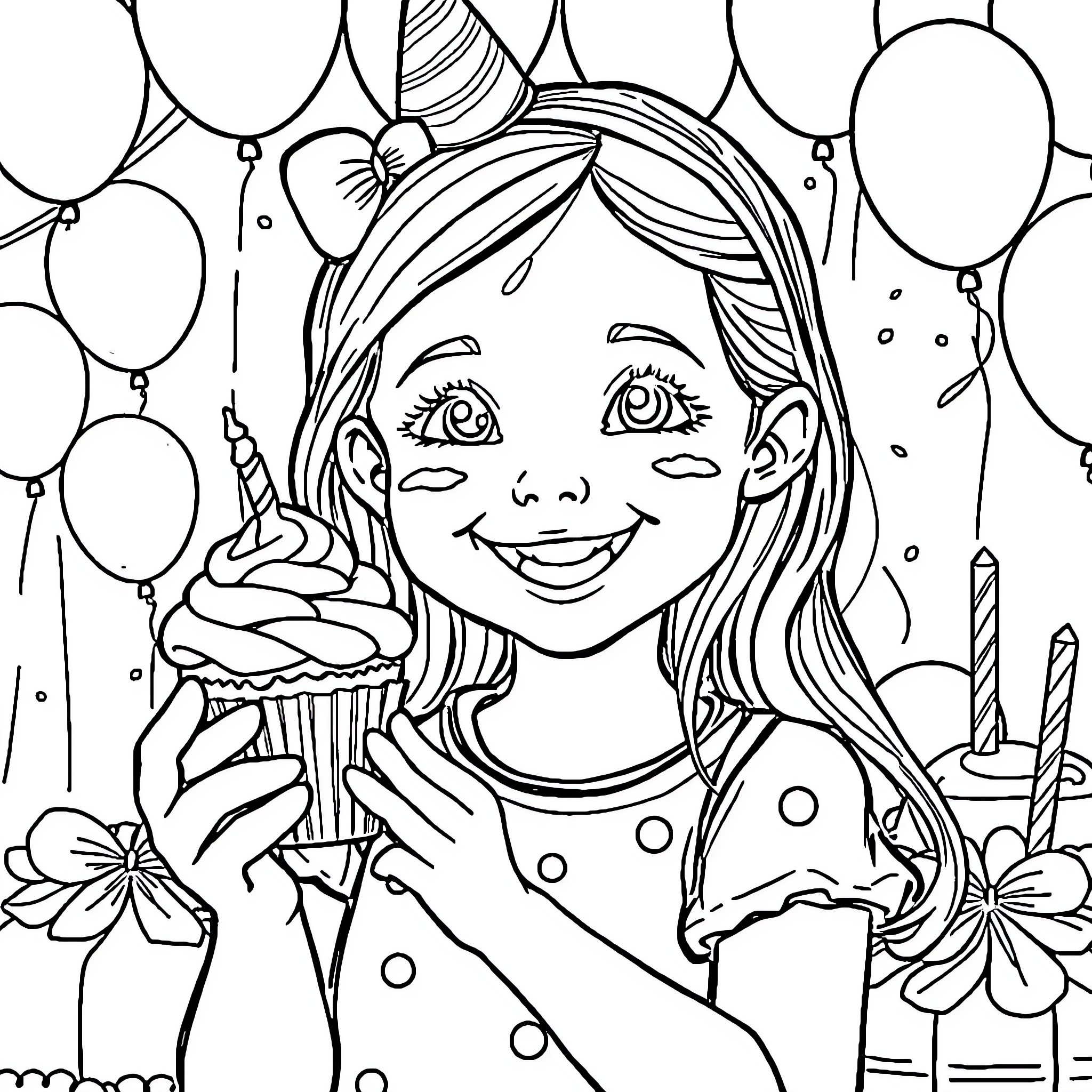 Birthday Girl Celebrating with Cupcake and Balloons Coloring Page (free black-and-white line drawing printable PDF for all, from beginners to advanced learners, including children, teens, adults, and seniors)