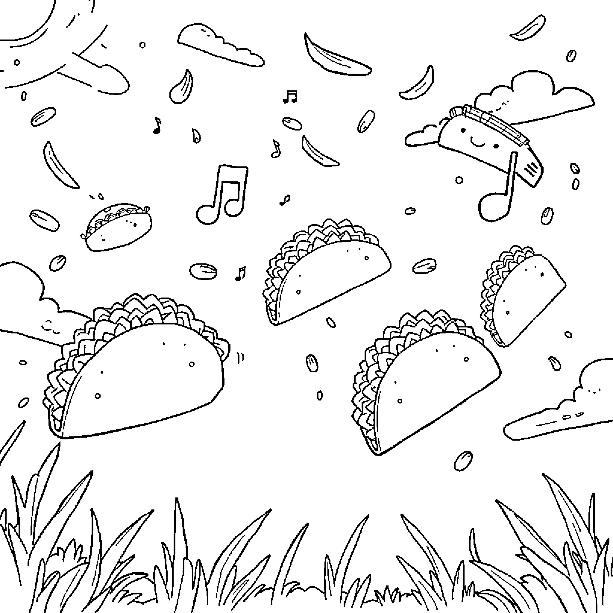 Taco Party with Happy Tacos and Musical Notes Coloring Page (free black-and-white line drawing printable PDF for all, from beginners to advanced learners, including children, teens, adults, and seniors)