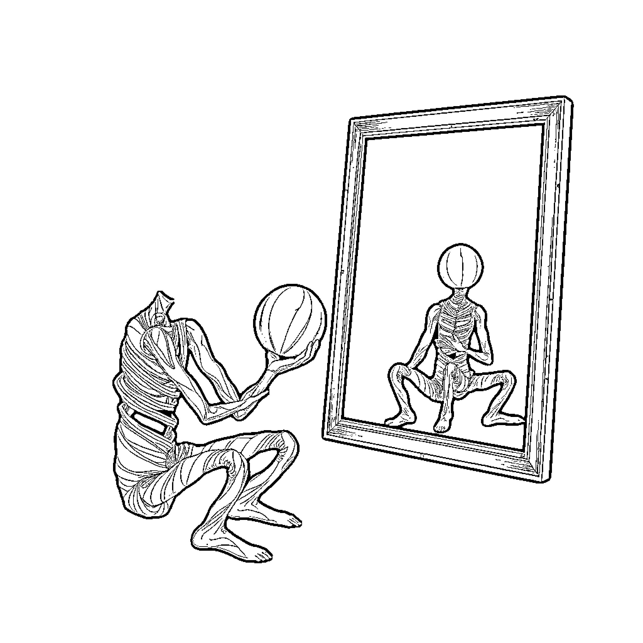 Figure Examining Anatomical Reflection in Mirror Coloring Page (free black-and-white line drawing printable PDF for all, from beginners to advanced learners, including children, teens, adults, and seniors)