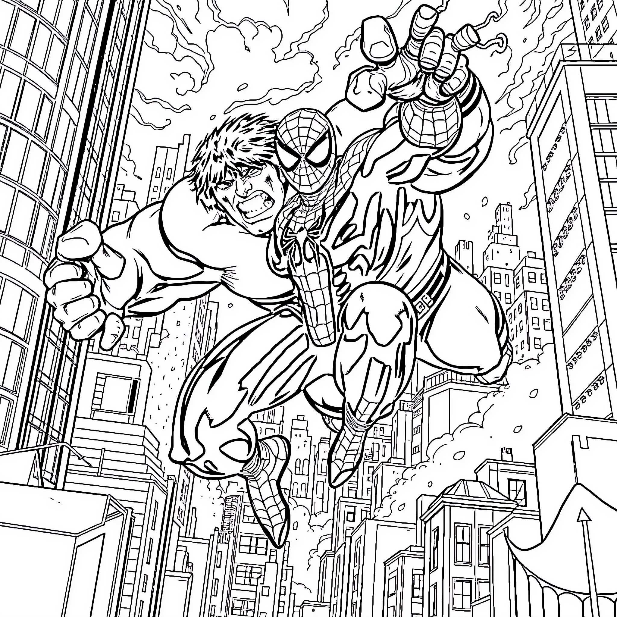Spiderman swinging through the city with determination Coloring Page (free black-and-white line drawing printable PDF for all, from beginners to advanced learners, including children, teens, adults, and seniors)