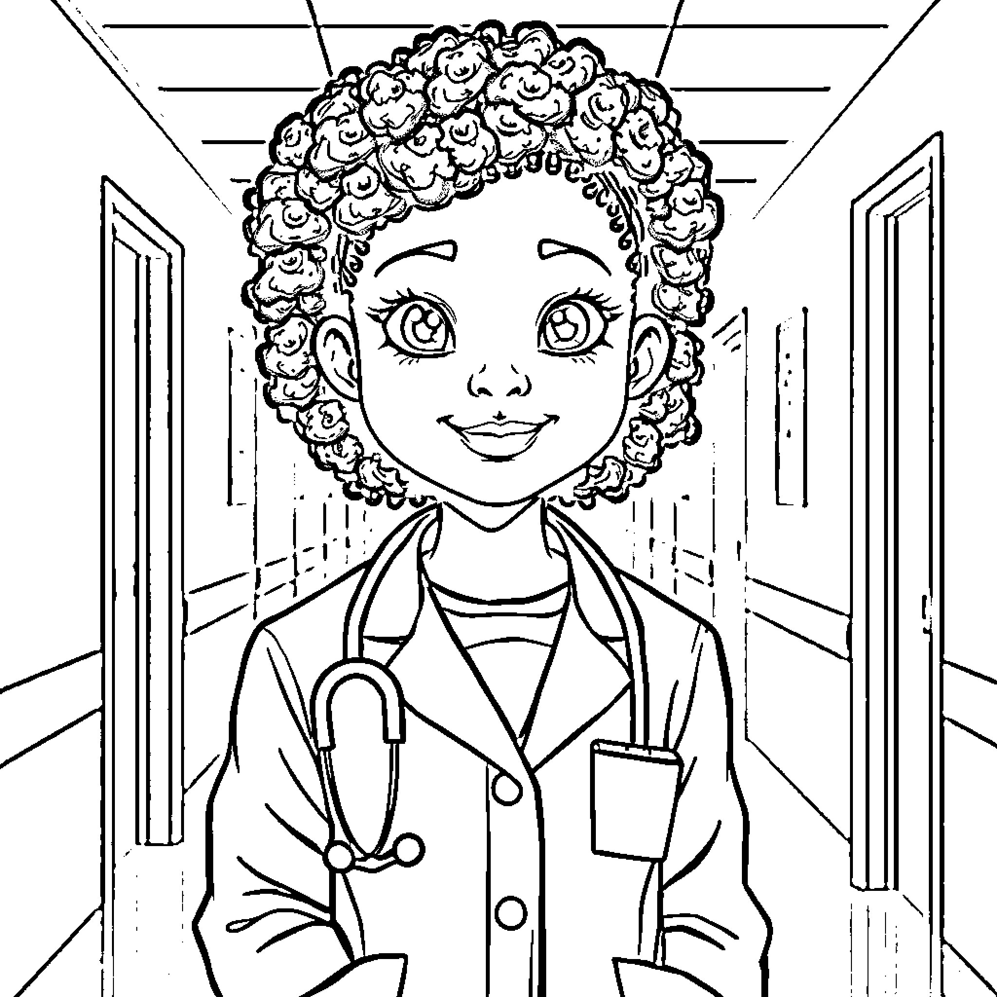 Doctor with Curly Hair in Medical Uniform Coloring Page (free black-and-white line drawing printable PDF for all, from beginners to advanced learners, including children, teens, adults, and seniors)