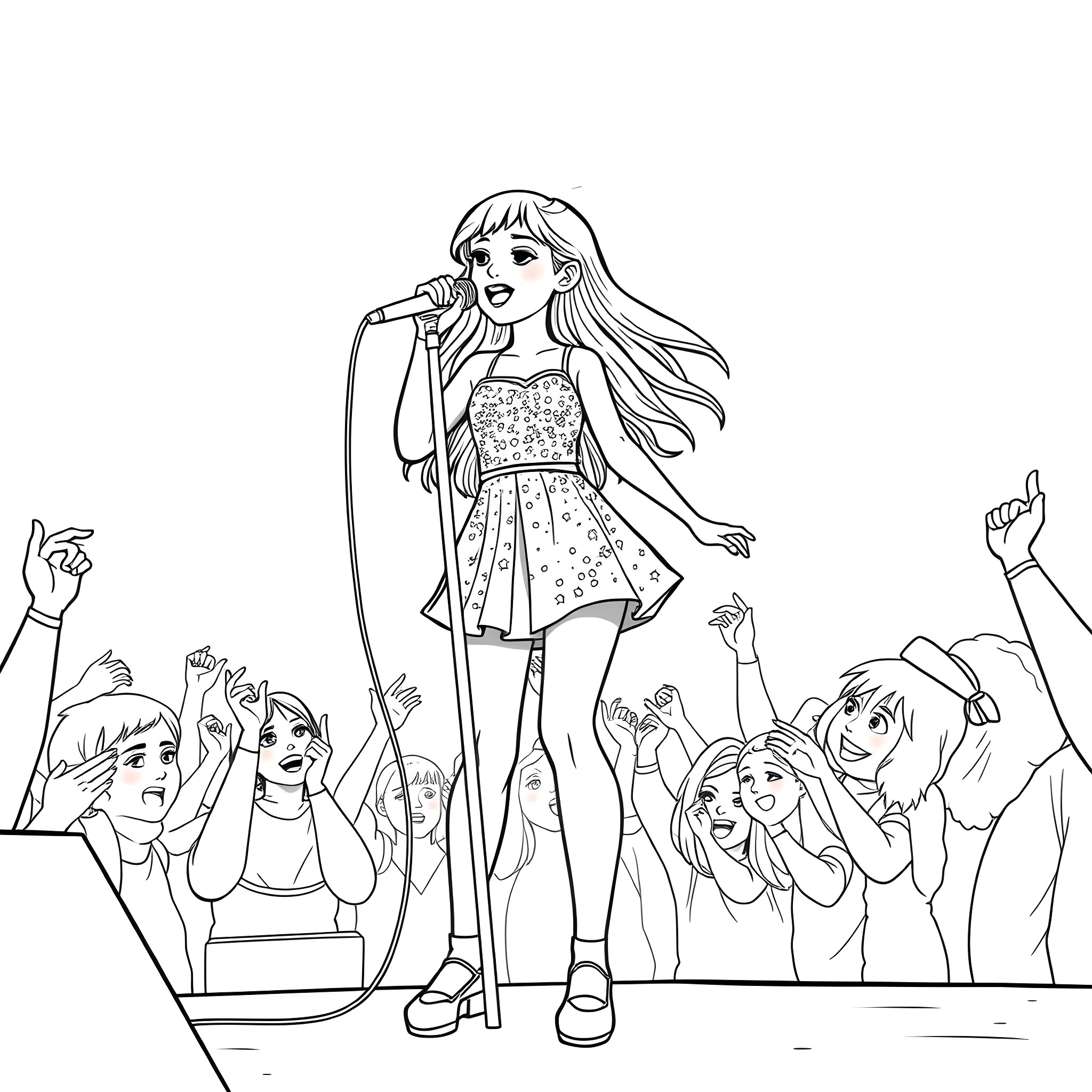 Teen Girl Performing on Stage with Cheering Audience Coloring Page (free black-and-white line drawing printable PDF for all, from beginners to advanced learners, including children, teens, adults, and seniors)