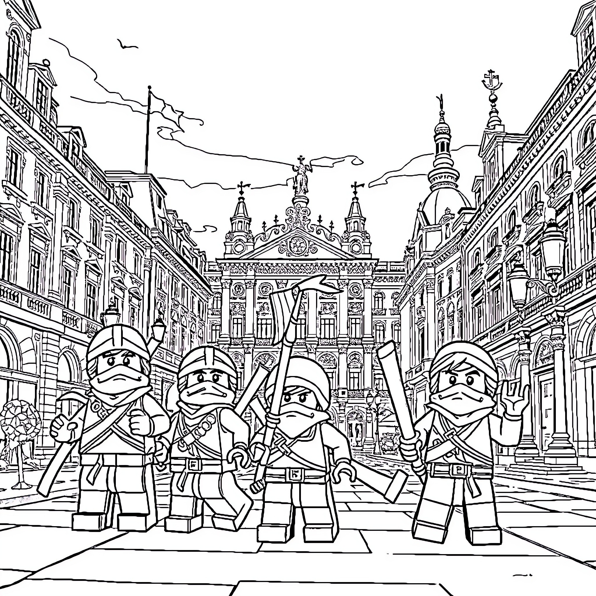 Ninjago ninja warriors in a historic city setting Coloring Page (free black-and-white line drawing printable PDF for all, from beginners to advanced learners, including children, teens, adults, and seniors)