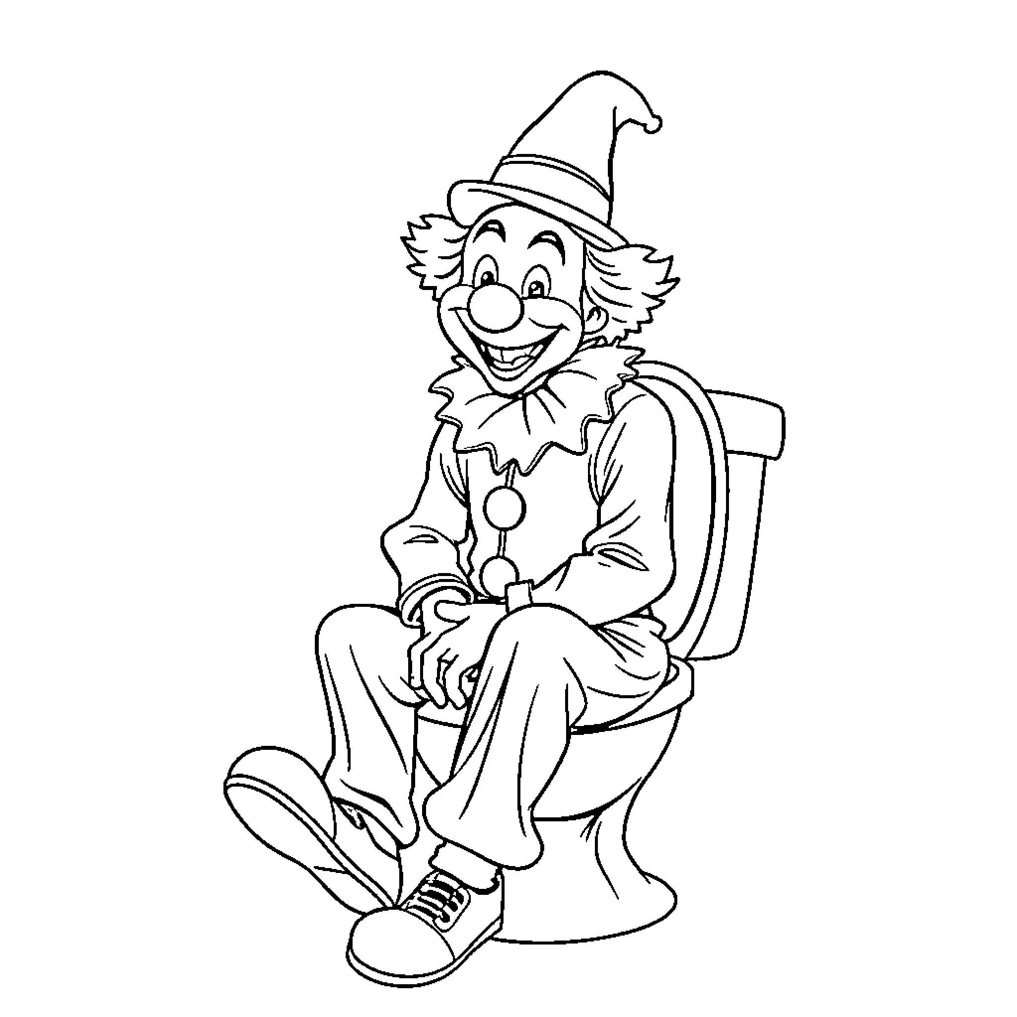 Clown sitting on a chair with a joyful expression Coloring Page (free black-and-white line drawing printable PDF for all, from beginners to advanced learners, including children, teens, adults, and seniors)