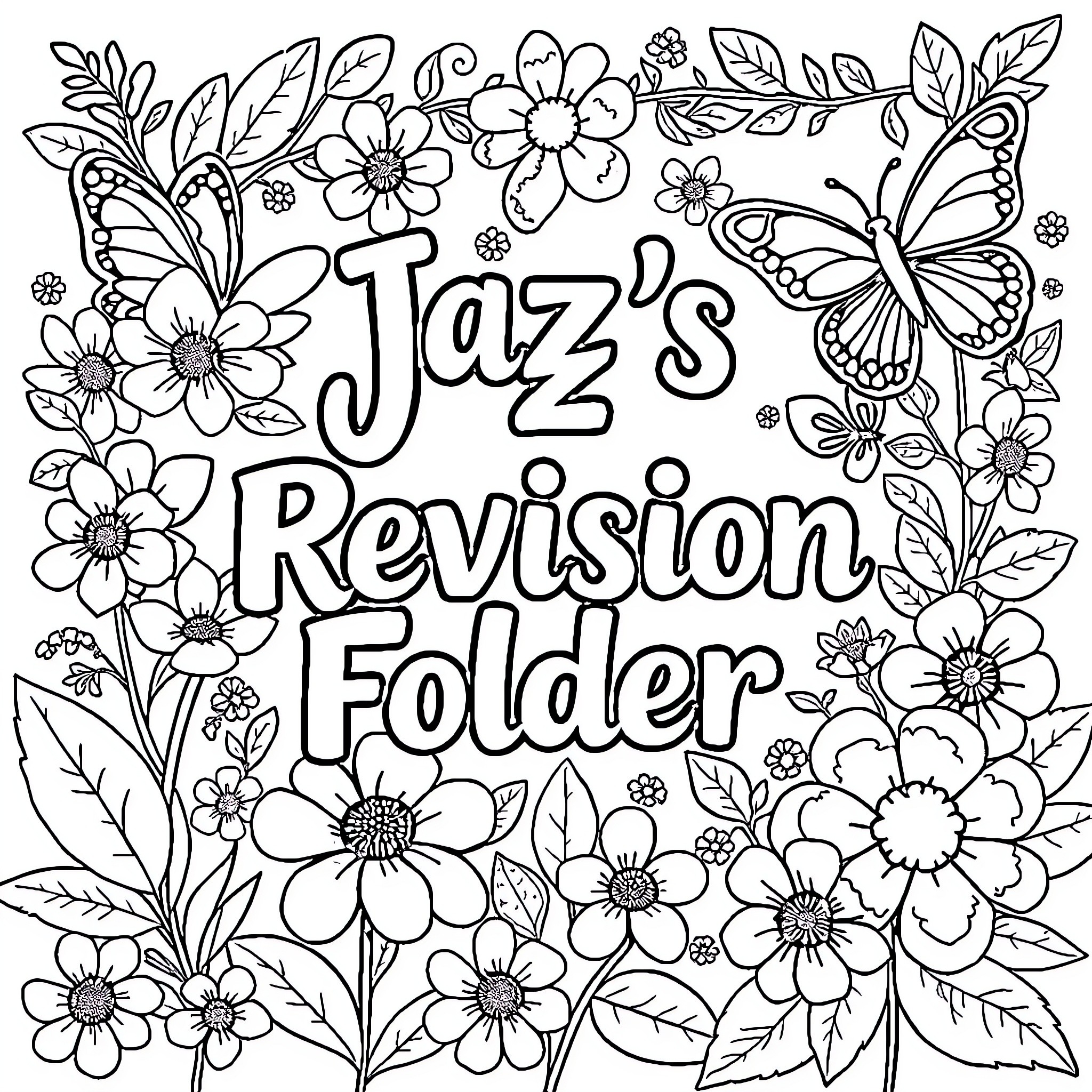 Flower-filled Revision Folder Coloring Page (free black-and-white line drawing printable PDF for all, from beginners to advanced learners, including children, teens, adults, and seniors)