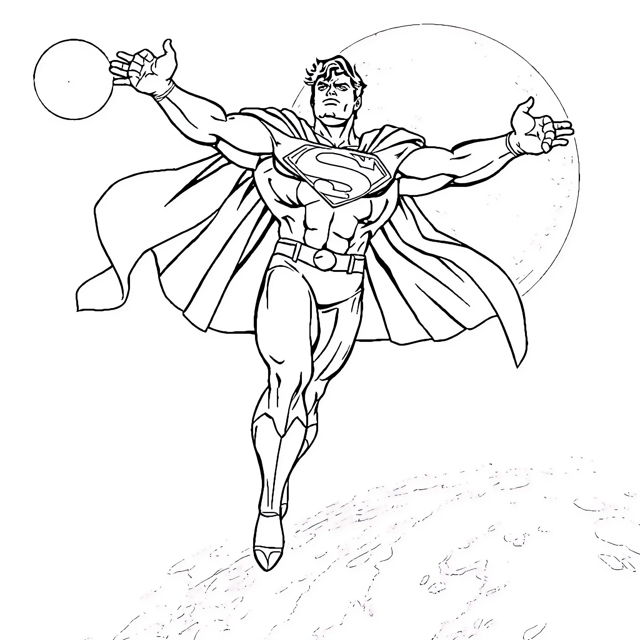Superman heroically soaring through the sky Coloring Page (free black-and-white line drawing printable PDF for all, from beginners to advanced learners, including children, teens, adults, and seniors)
