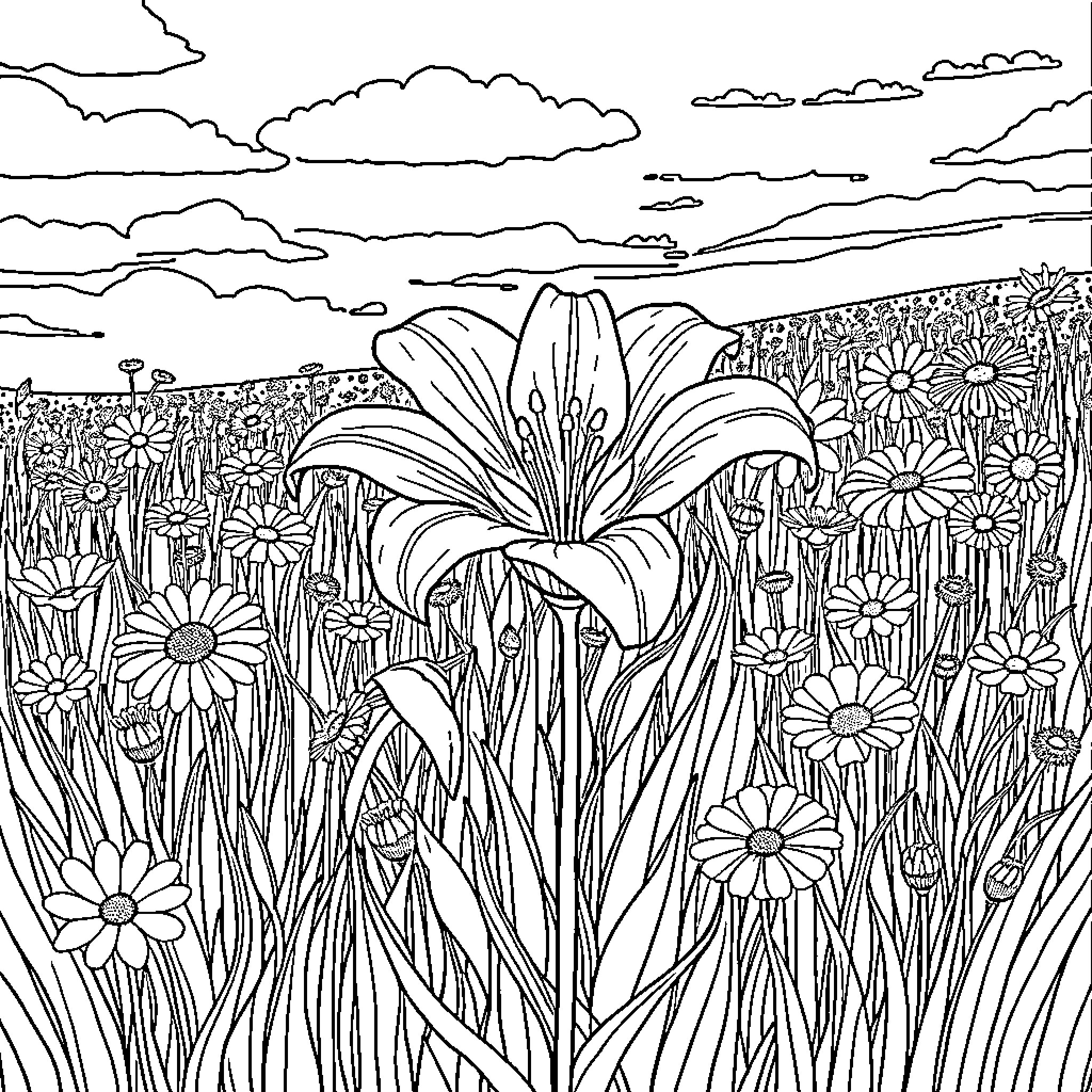 Tiger Lily in a Vibrant Floral Meadow Coloring Page (free black-and-white line drawing printable PDF for all, from beginners to advanced learners, including children, teens, adults, and seniors)