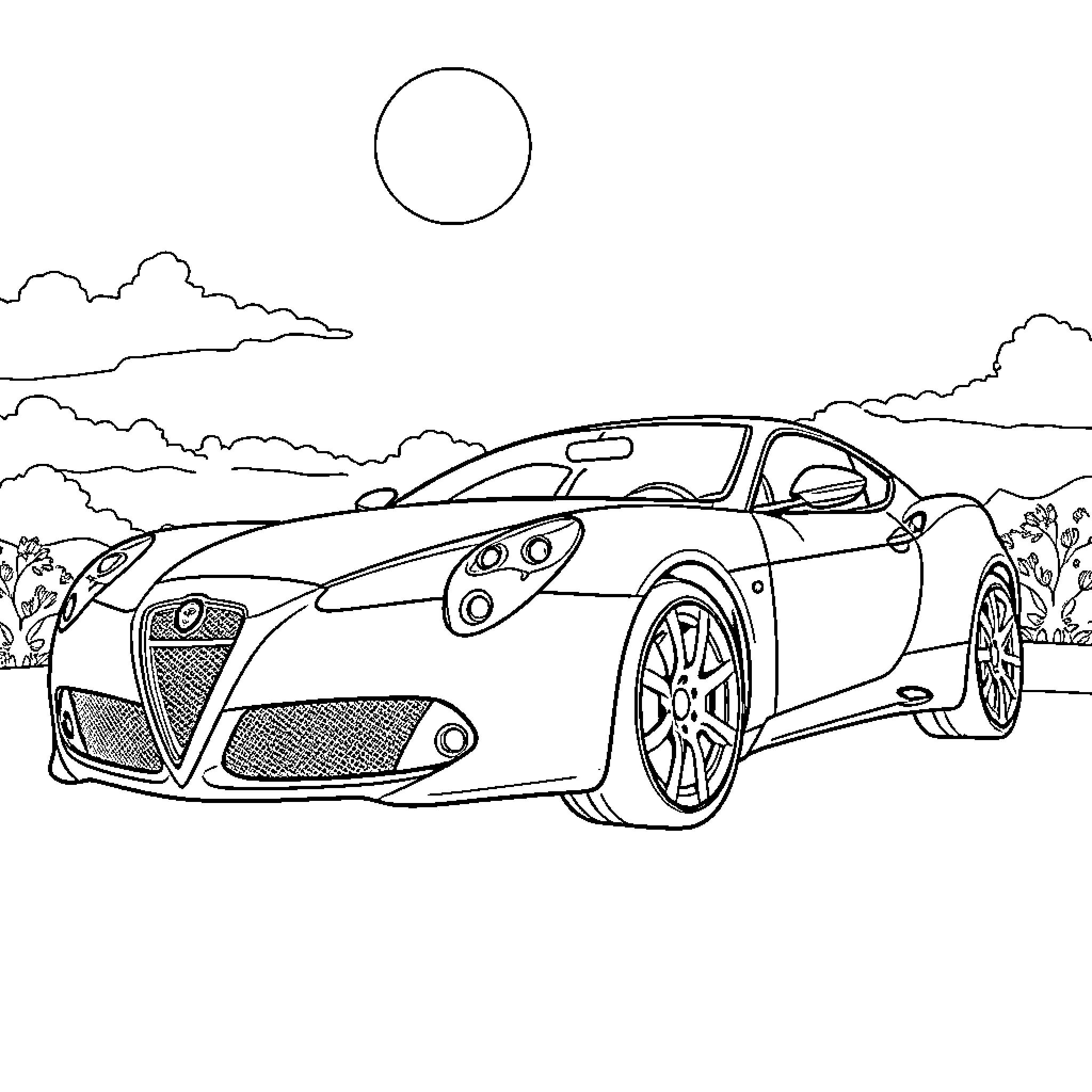 Lancia sports car in scenic landscape Coloring Page (free black-and-white line drawing printable PDF for all, from beginners to advanced learners, including children, teens, adults, and seniors)