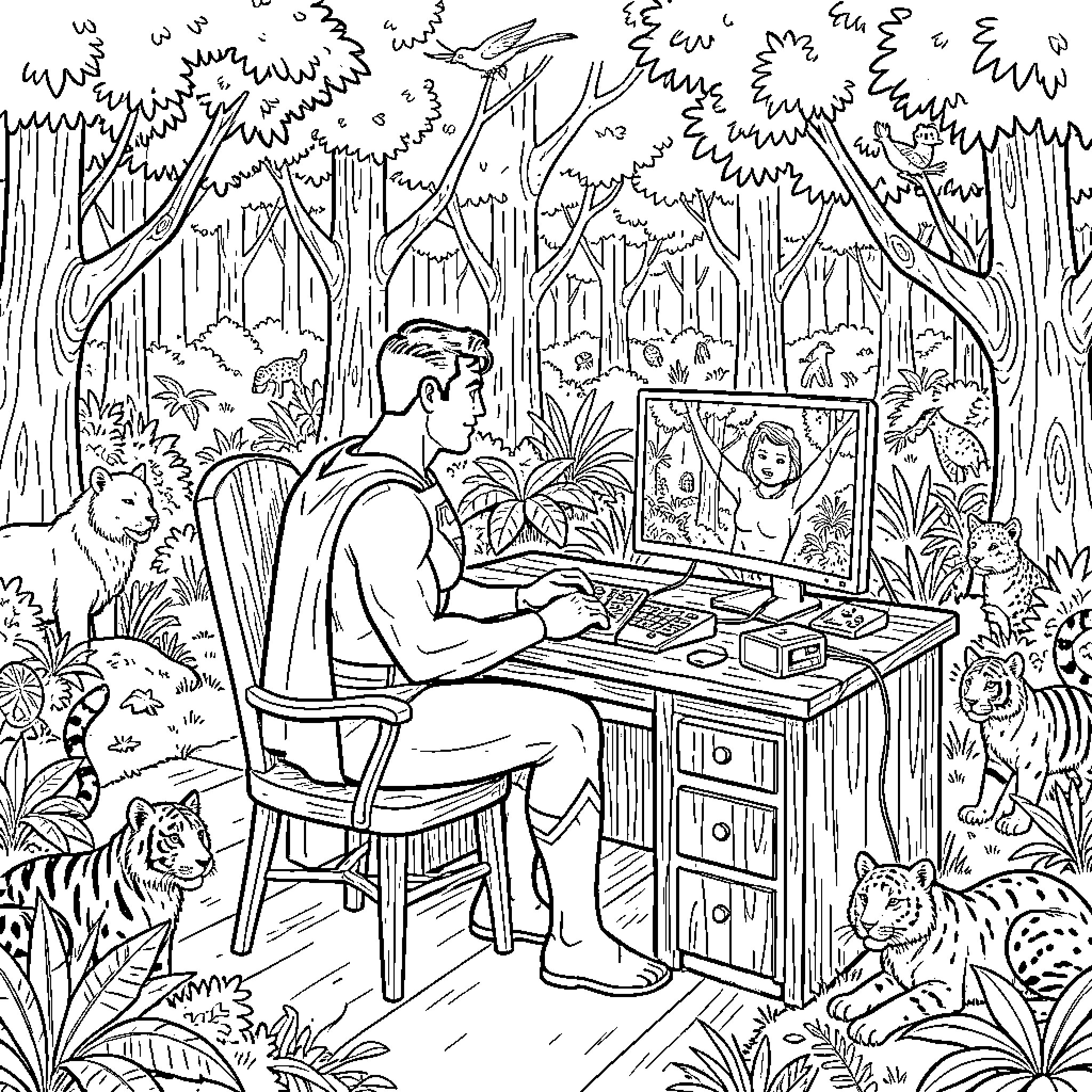 Superman painting a colorful jungle scene Coloring Page (free black-and-white line drawing printable PDF for all, from beginners to advanced learners, including children, teens, adults, and seniors)
