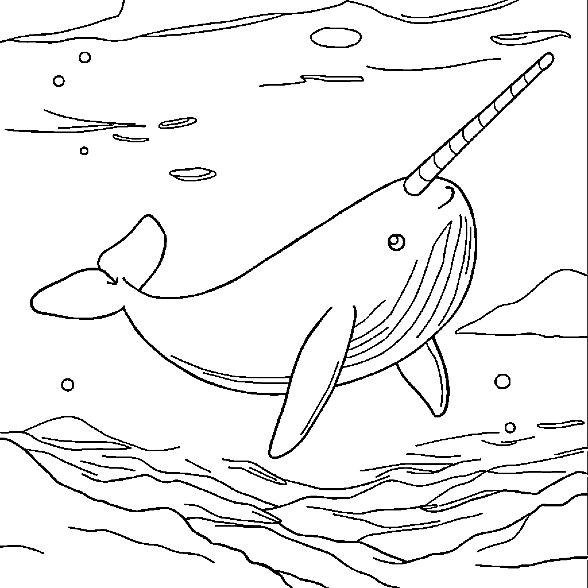 Narwhal swimming gracefully in the ocean Coloring Page (free black-and-white line drawing printable PDF for all, from beginners to advanced learners, including children, teens, adults, and seniors)