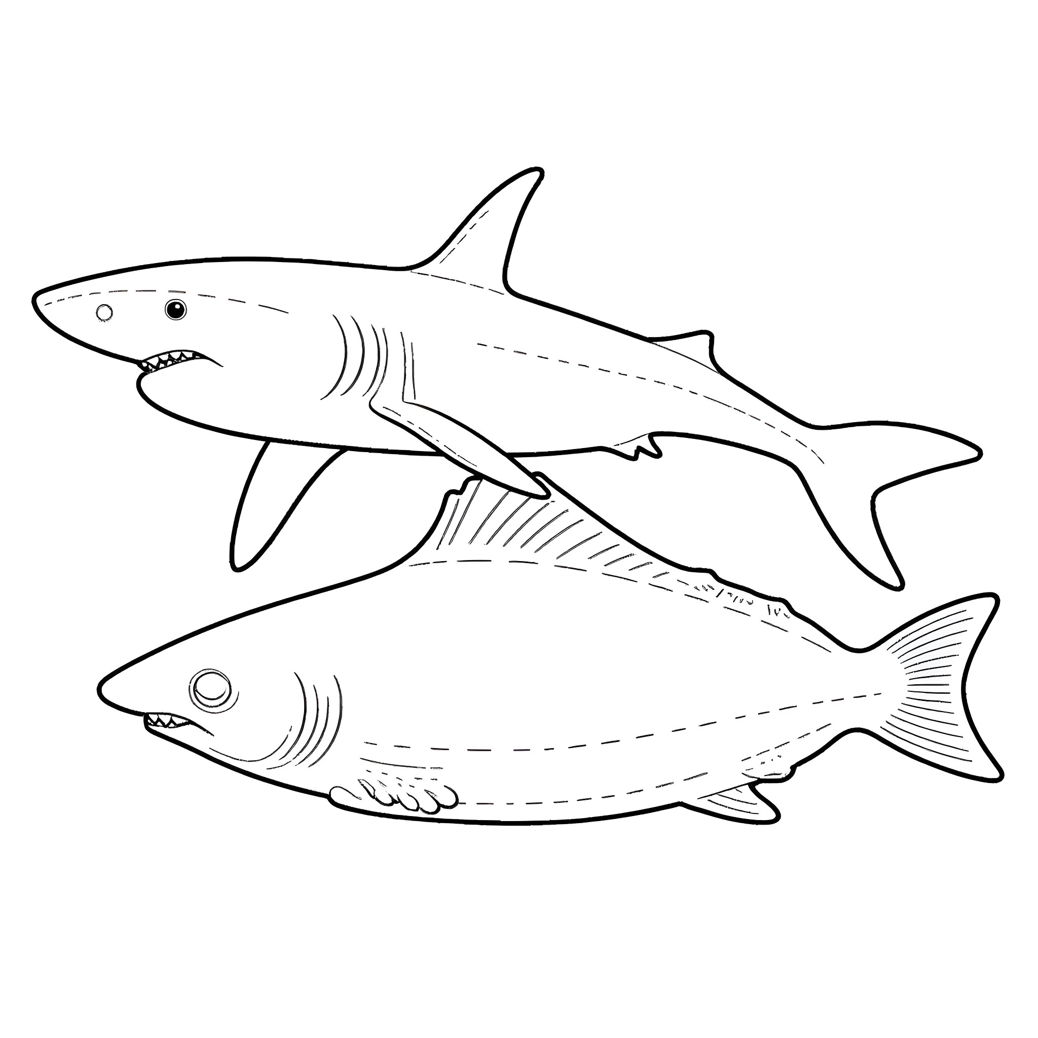 Hammerhead Shark swimming with smaller fish Coloring Page (free black-and-white line drawing printable PDF for all, from beginners to advanced learners, including children, teens, adults, and seniors)