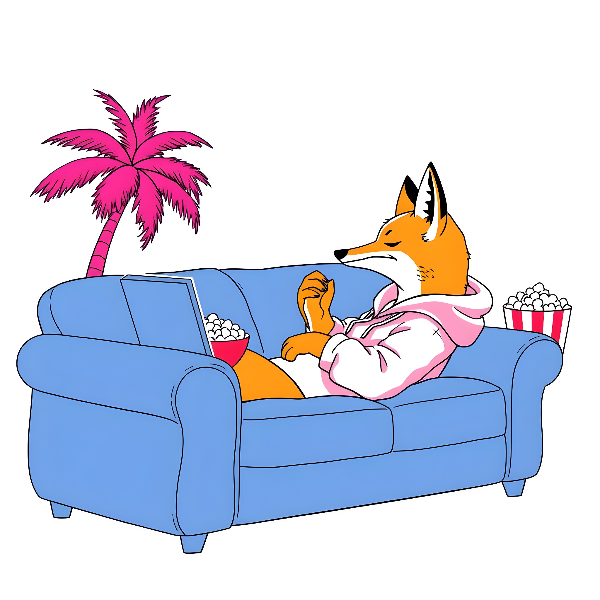 Fox relaxing on the couch with snacks Coloring Page (free black-and-white line drawing printable PDF for all, from beginners to advanced learners, including children, teens, adults, and seniors)