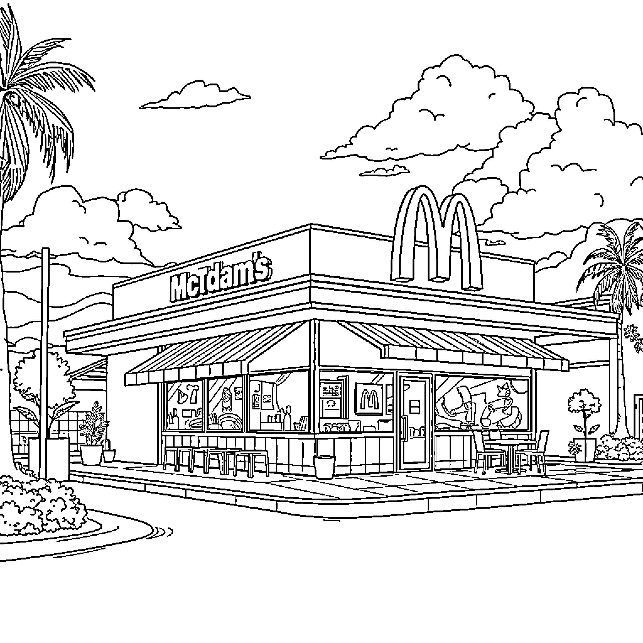 McDonald's restaurant in tropical landscape Coloring Page (free black-and-white line drawing printable PDF for all, from beginners to advanced learners, including children, teens, adults, and seniors)