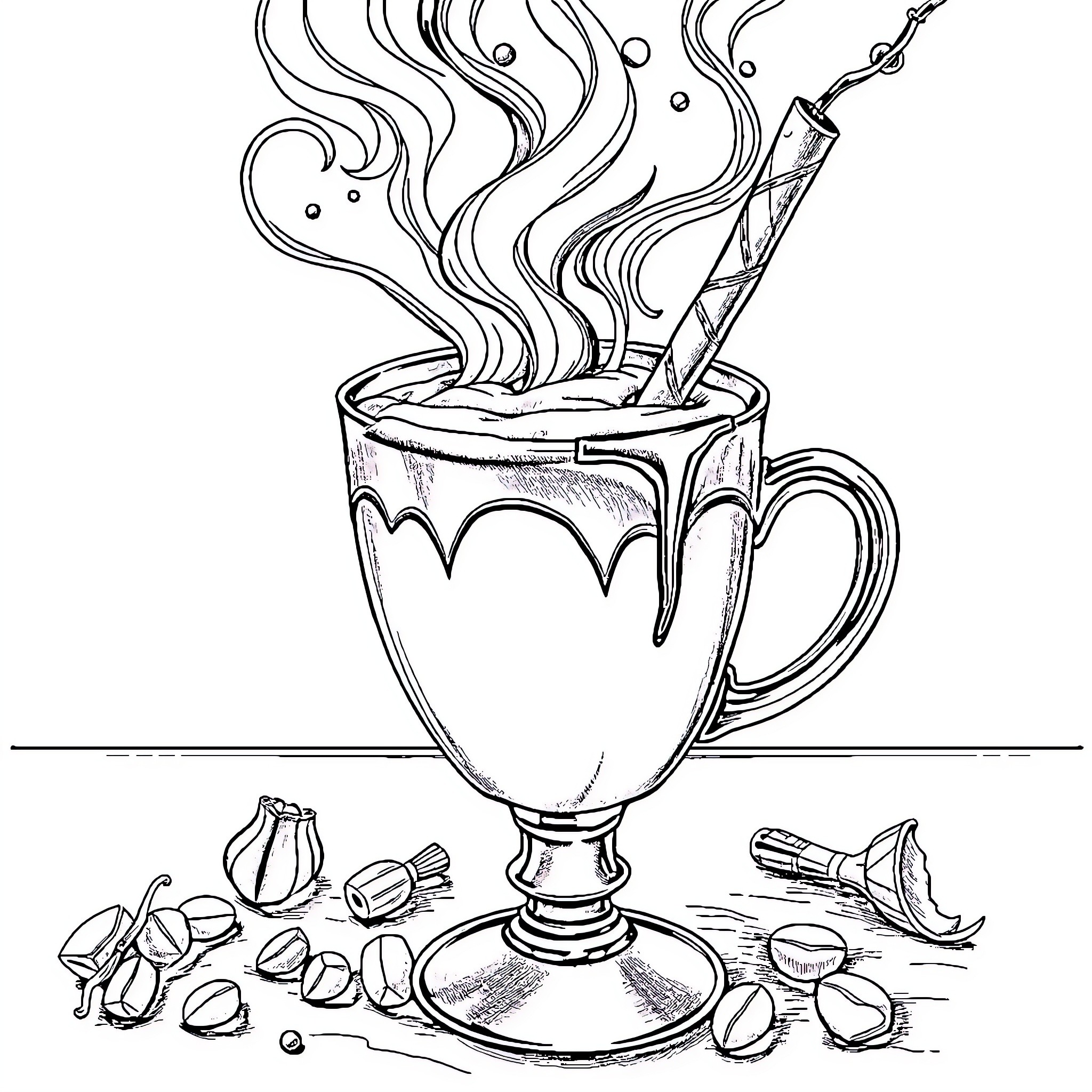 Cappuccino with aromatic steam and coffee beans Coloring Page (free black-and-white line drawing printable PDF for all, from beginners to advanced learners, including children, teens, adults, and seniors)