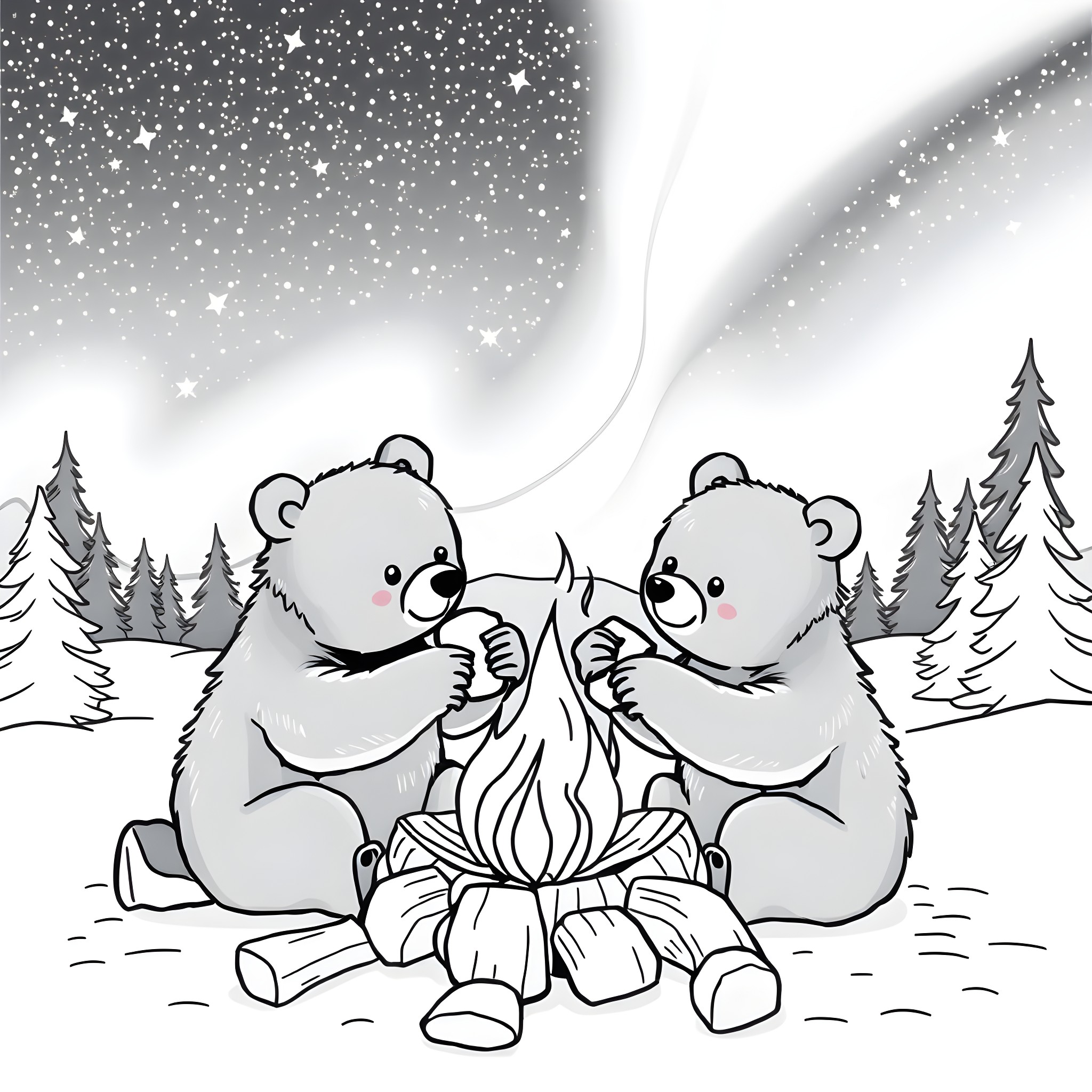 Bear friends enjoying campfire under starry night Coloring Page (free black-and-white line drawing printable PDF for all, from beginners to advanced learners, including children, teens, adults, and seniors)