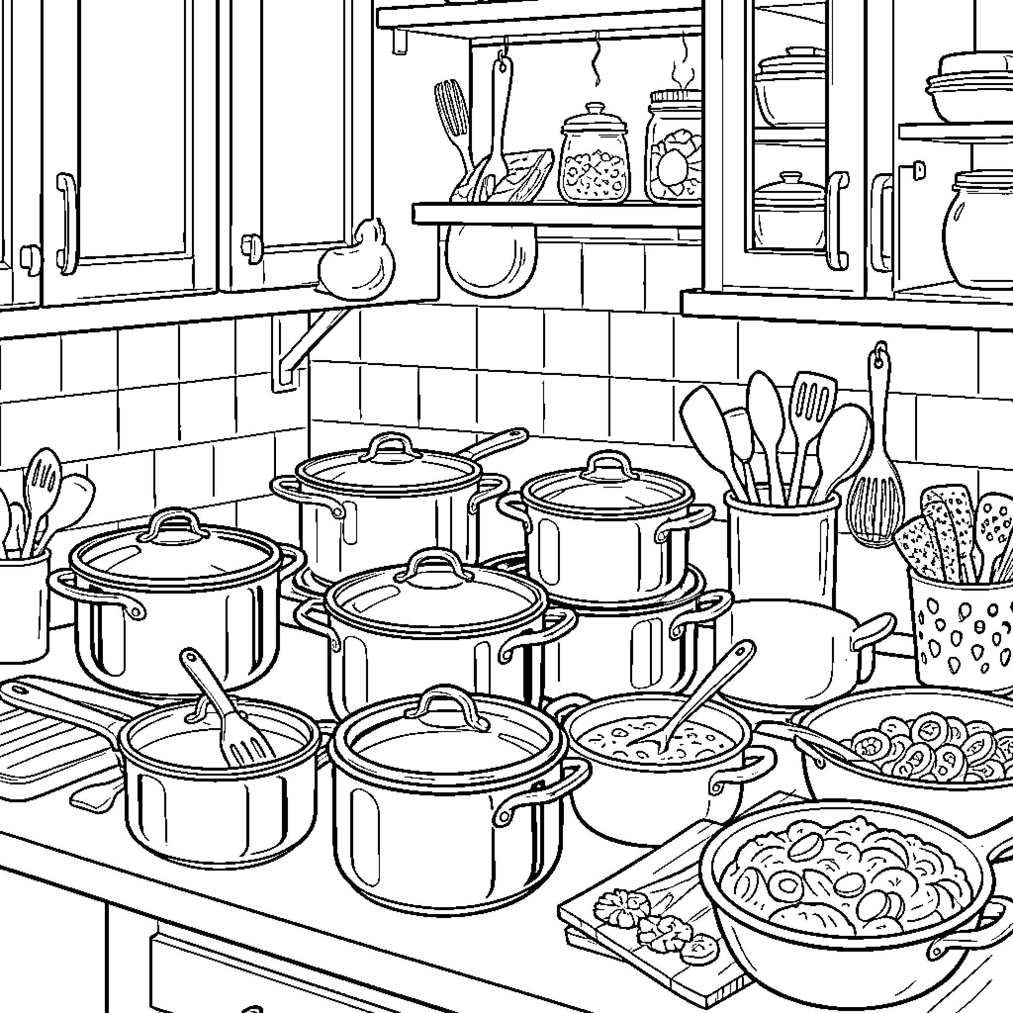 Kitchen Tool in a Busy Cooking Scene Coloring Page (free black-and-white line drawing printable PDF for all, from beginners to advanced learners, including children, teens, adults, and seniors)