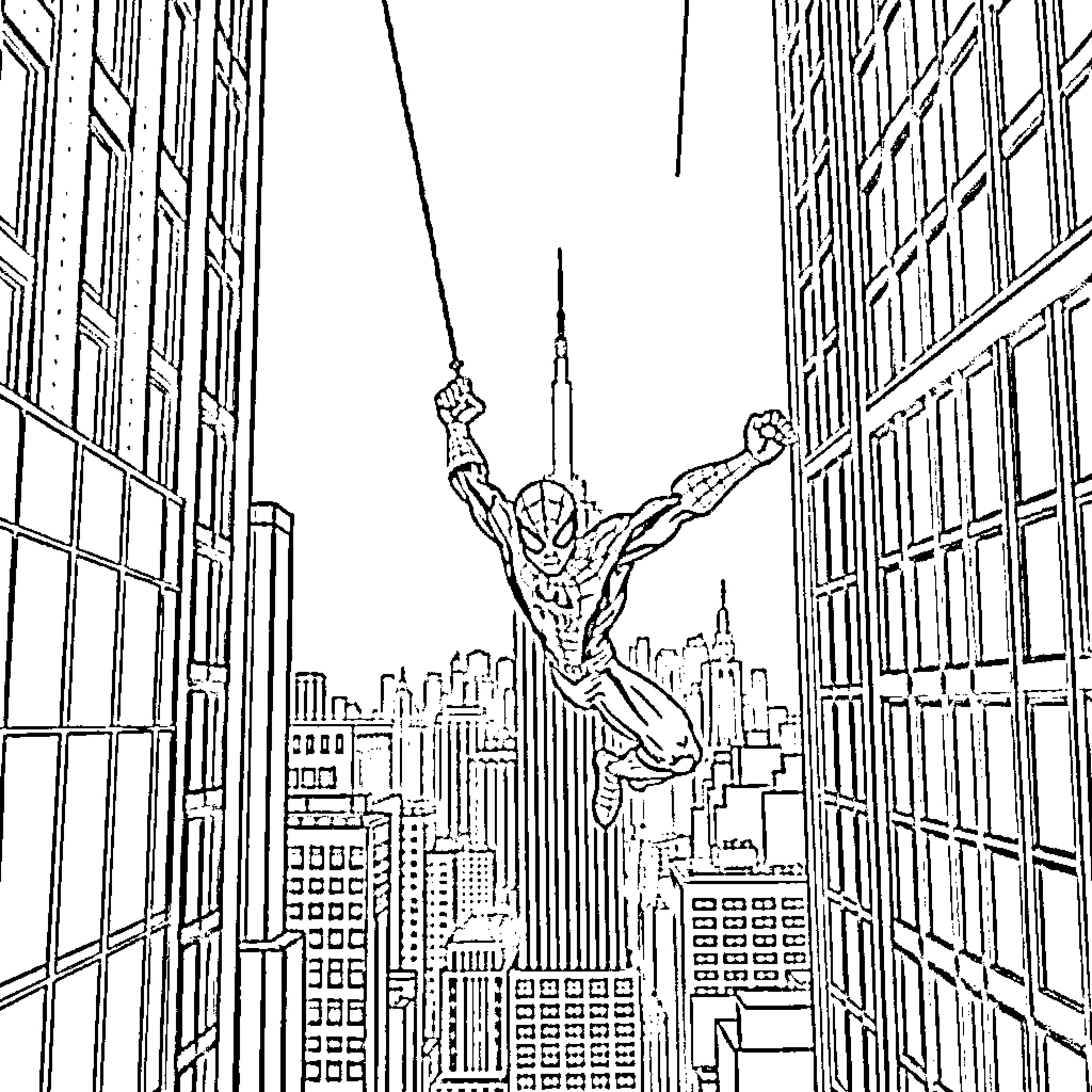 Spiderman swinging through the city skyline Coloring Page (free black-and-white line drawing printable PDF for all, from beginners to advanced learners, including children, teens, adults, and seniors)
