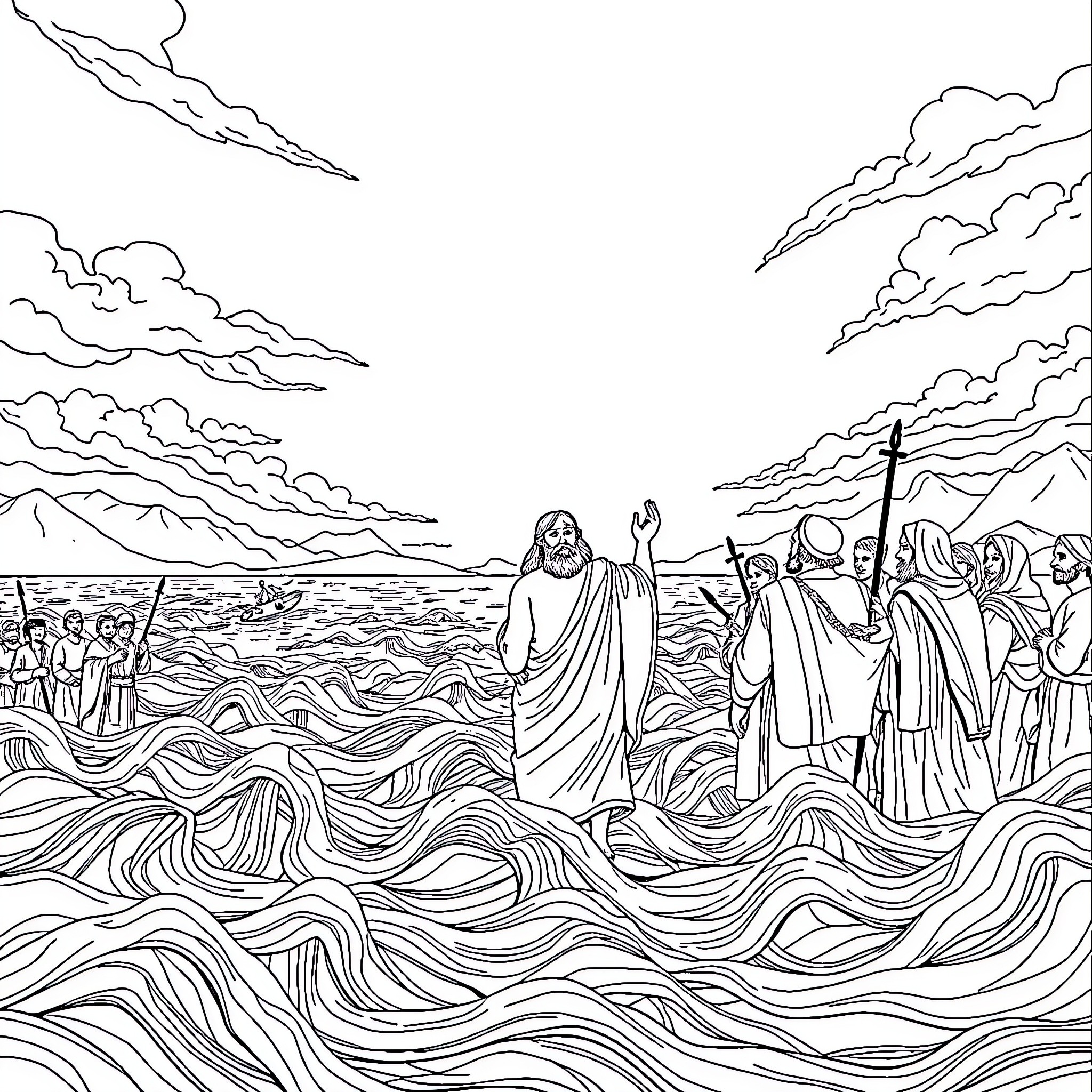 Moses Dividing the Red Sea with Israelites Coloring Page (free black-and-white line drawing printable PDF for all, from beginners to advanced learners, including children, teens, adults, and seniors)