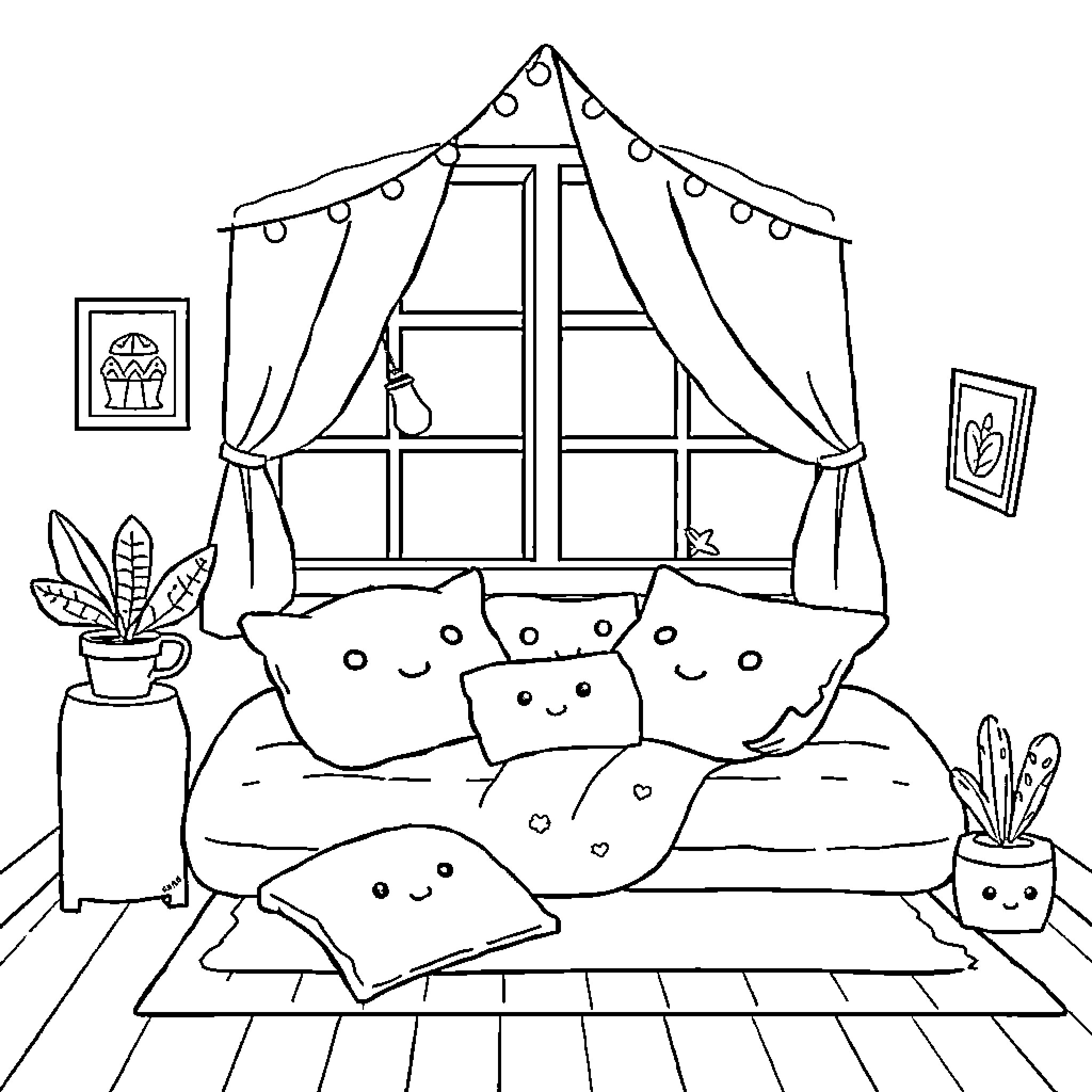 Home Sweet Cozy Comfort Coloring Page (free black-and-white line drawing printable PDF for all, from beginners to advanced learners, including children, teens, adults, and seniors)