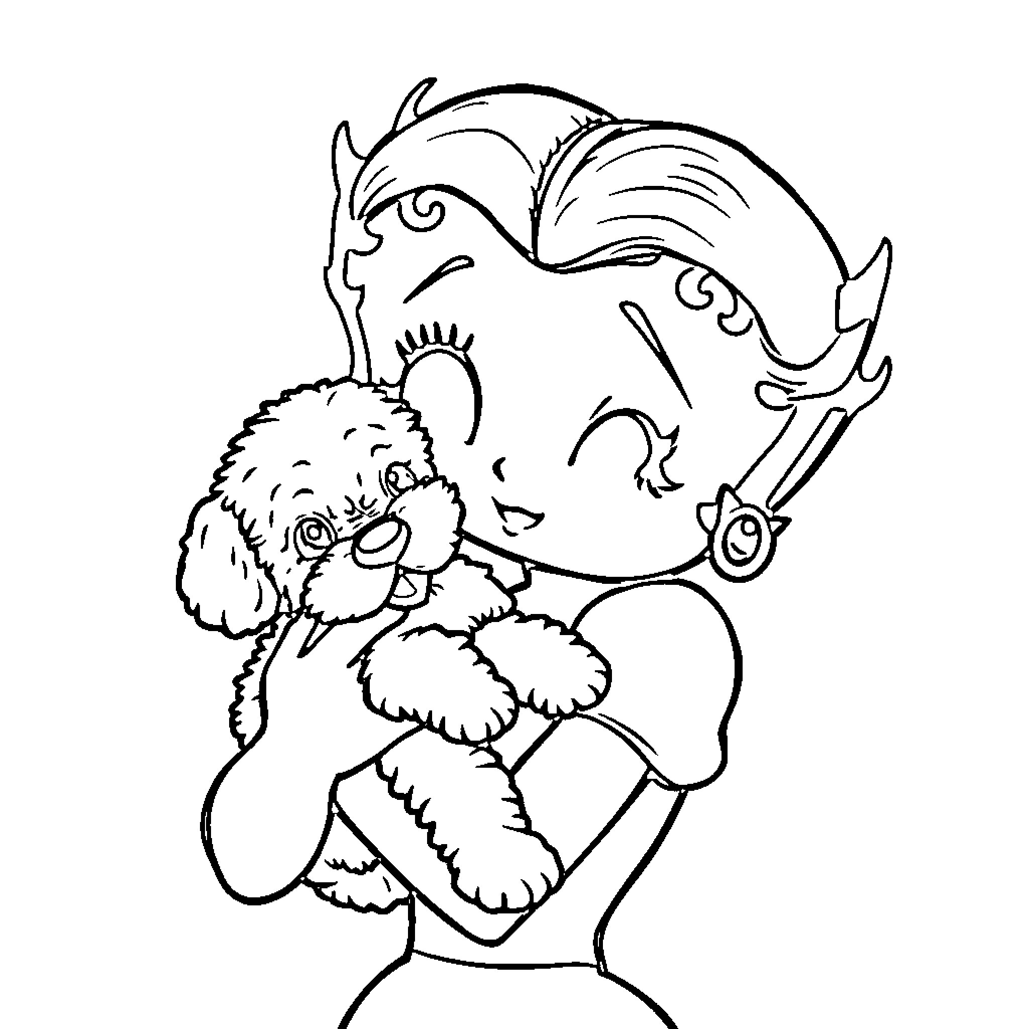 Betty Boop hugging a playful poodle Coloring Page (free black-and-white line drawing printable PDF for all, from beginners to advanced learners, including children, teens, adults, and seniors)