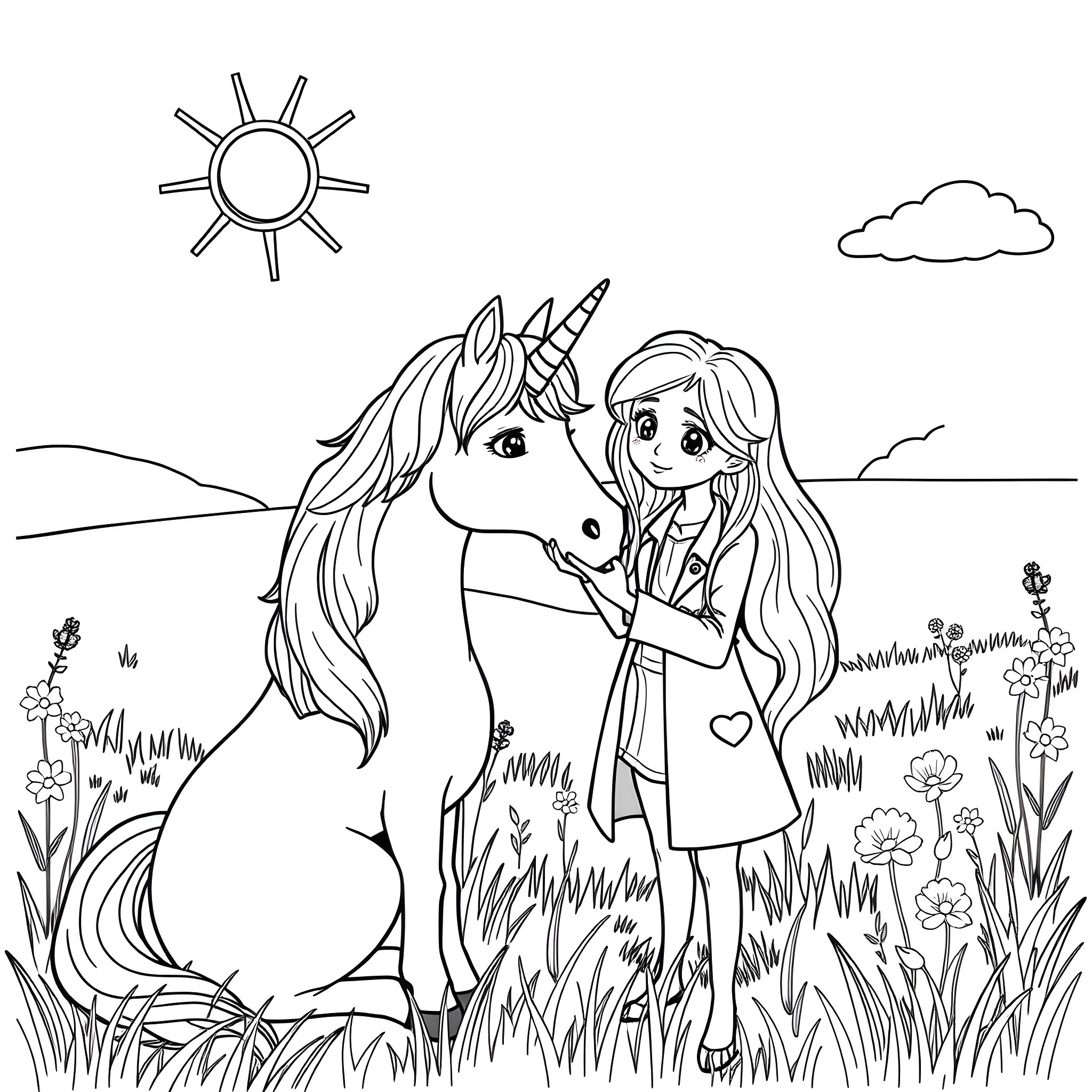 Unicorn and girl in field under sunny sky Coloring Page (free black-and-white line drawing printable PDF for all, from beginners to advanced learners, including children, teens, adults, and seniors)