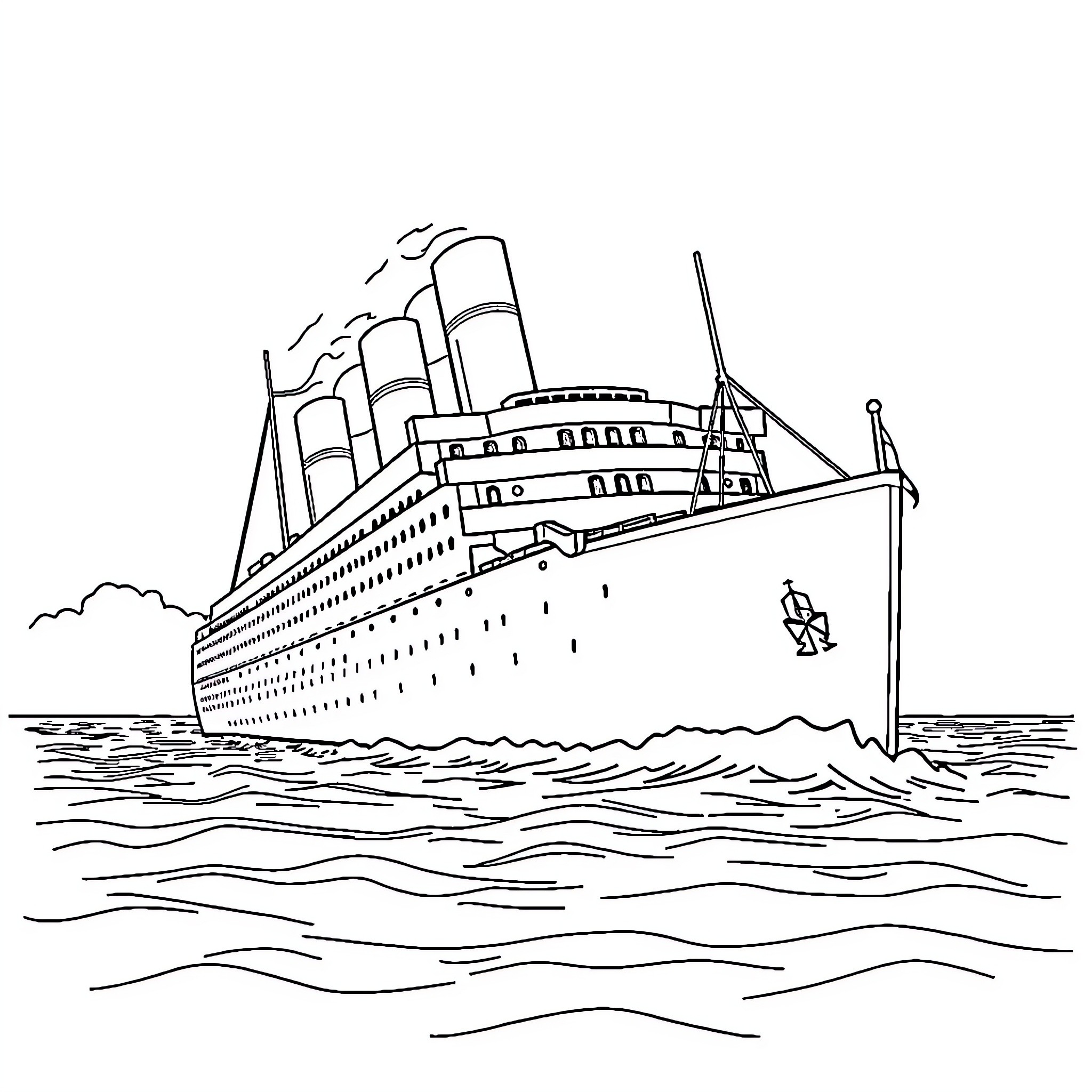 Titanic ship sailing on the open waters Coloring Page (free black-and-white line drawing printable PDF for all, from beginners to advanced learners, including children, teens, adults, and seniors)