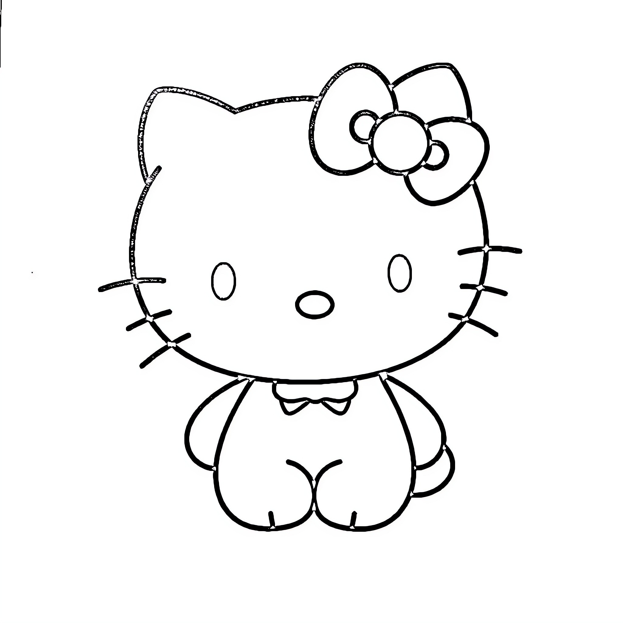 Hello Kitty sitting with bow tie and big eyes Coloring Page (free black-and-white line drawing printable PDF for all, from beginners to advanced learners, including children, teens, adults, and seniors)