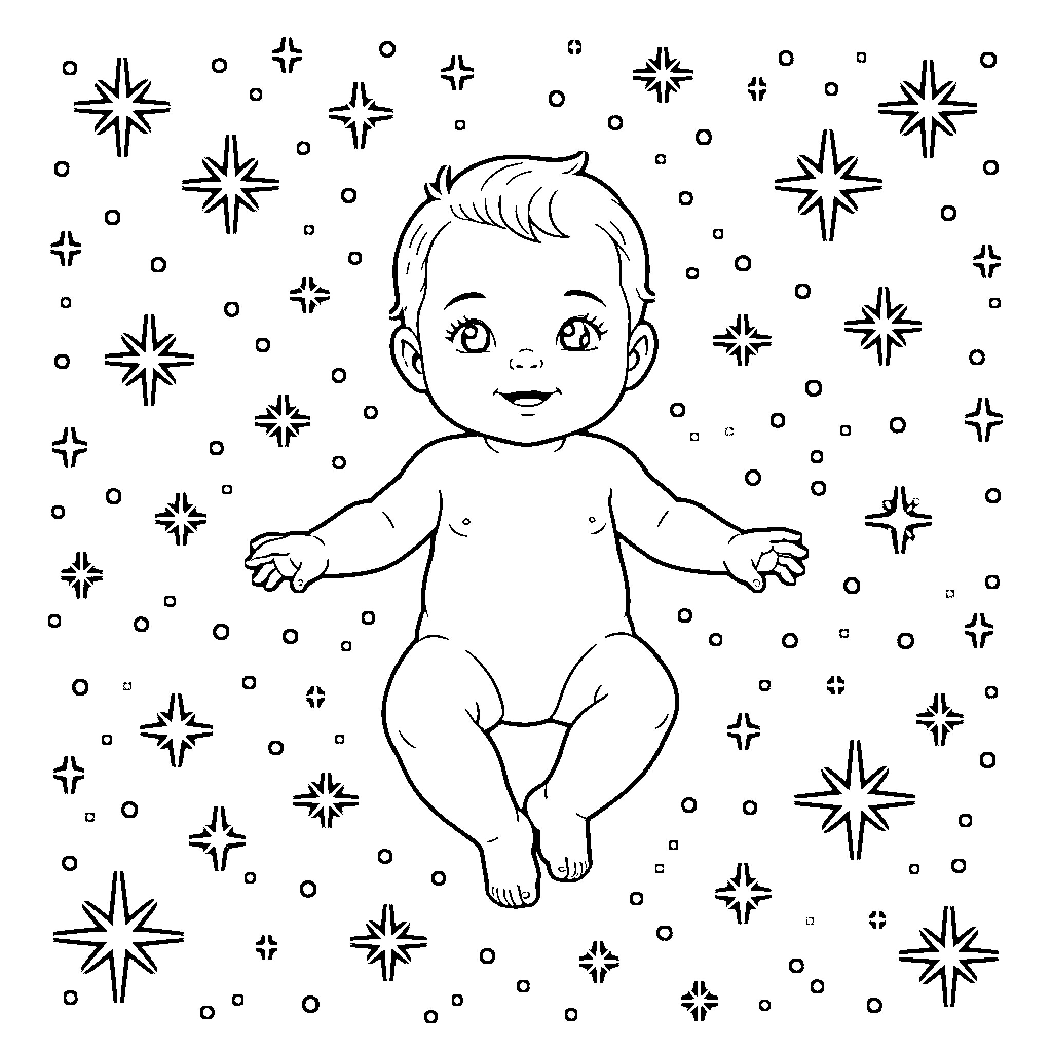 Bebe among the twinkling stars Coloring Page (free black-and-white line drawing printable PDF for all, from beginners to advanced learners, including children, teens, adults, and seniors)