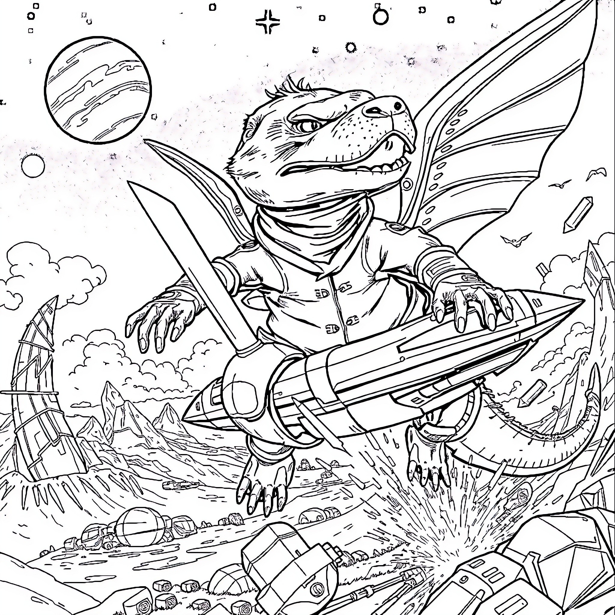 Perro piloting a spaceship in an alien landscape Coloring Page (free black-and-white line drawing printable PDF for all, from beginners to advanced learners, including children, teens, adults, and seniors)