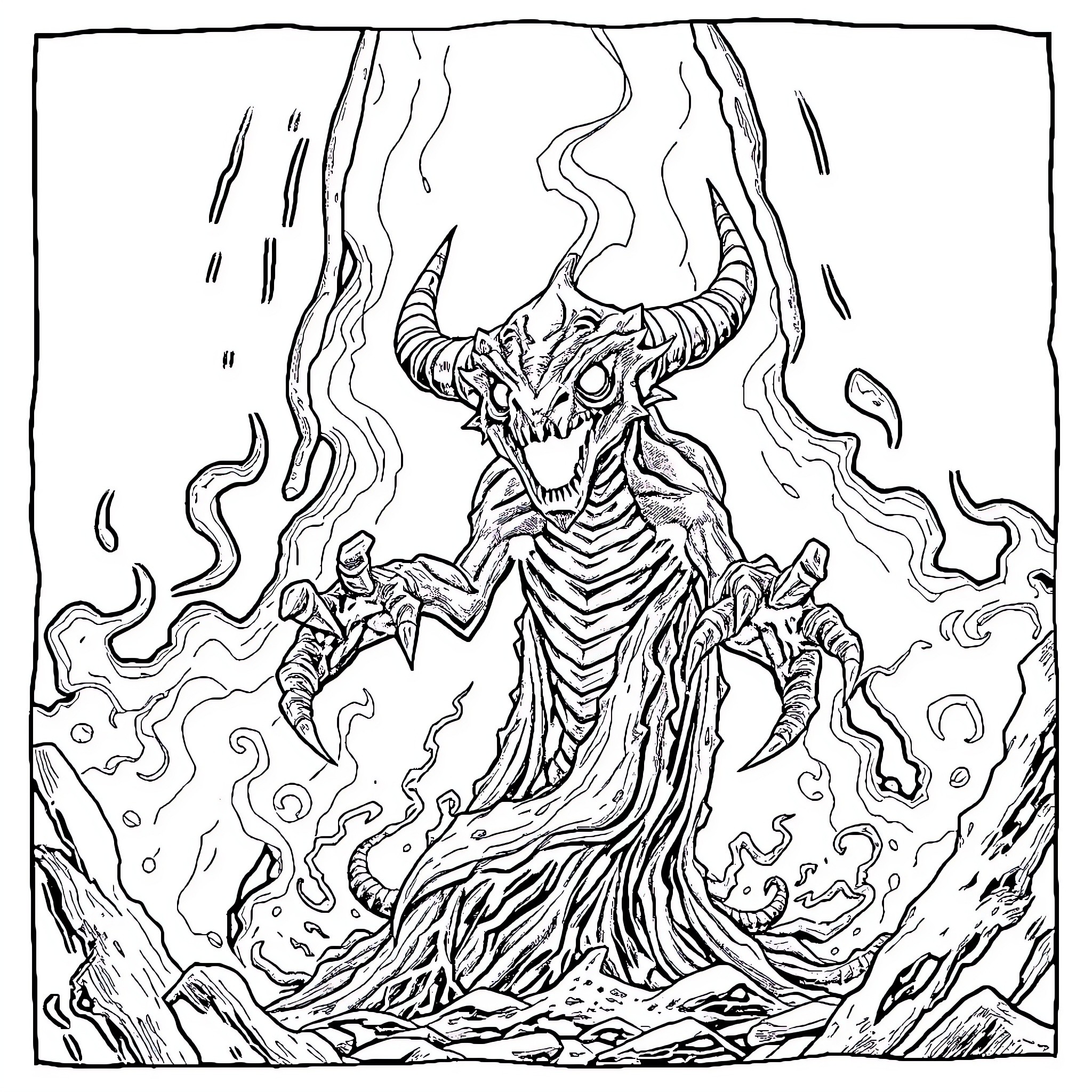 Spawn of Demonic Abomination Emerging from Shadowy Realm Coloring Page (free black-and-white line drawing printable PDF for all, from beginners to advanced learners, including children, teens, adults, and seniors)
