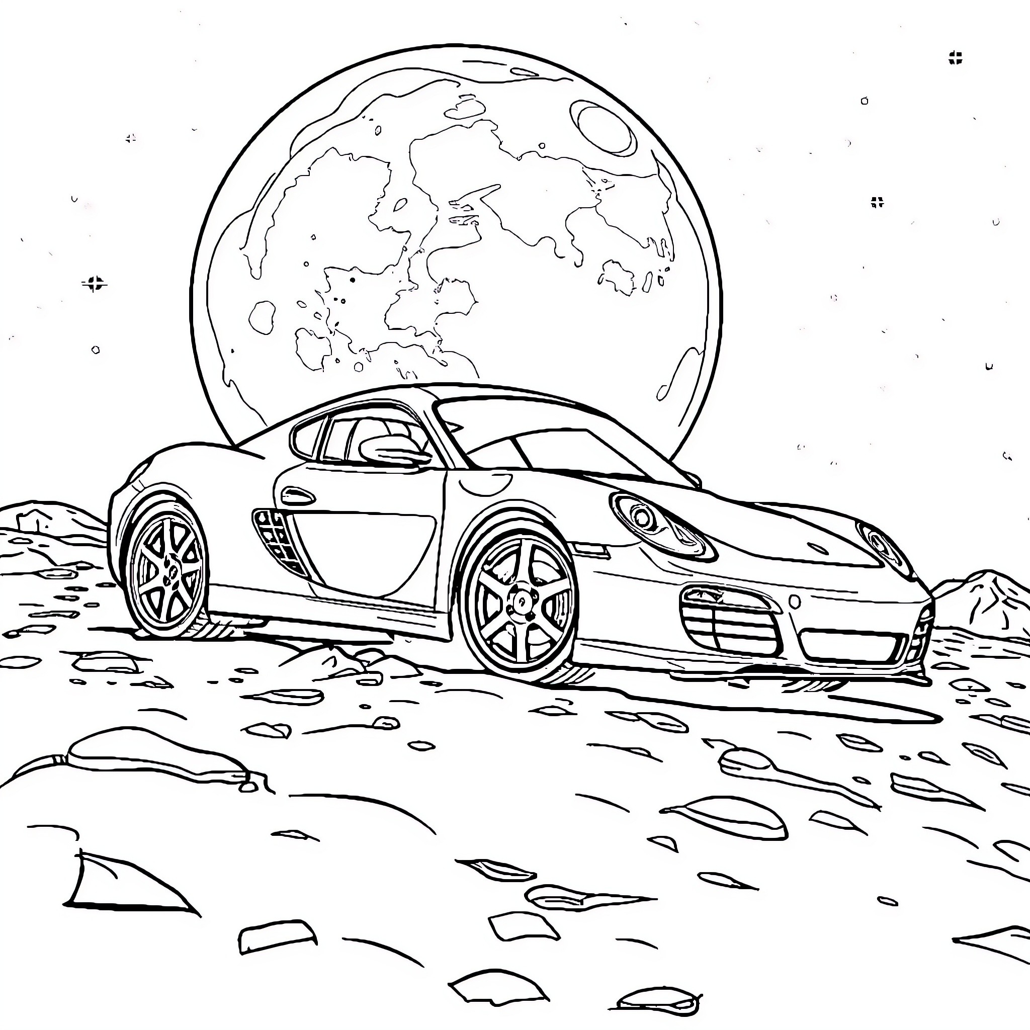 Porsche Sports Car on an Alien Planet Coloring Page (free black-and-white line drawing printable PDF for all, from beginners to advanced learners, including children, teens, adults, and seniors)