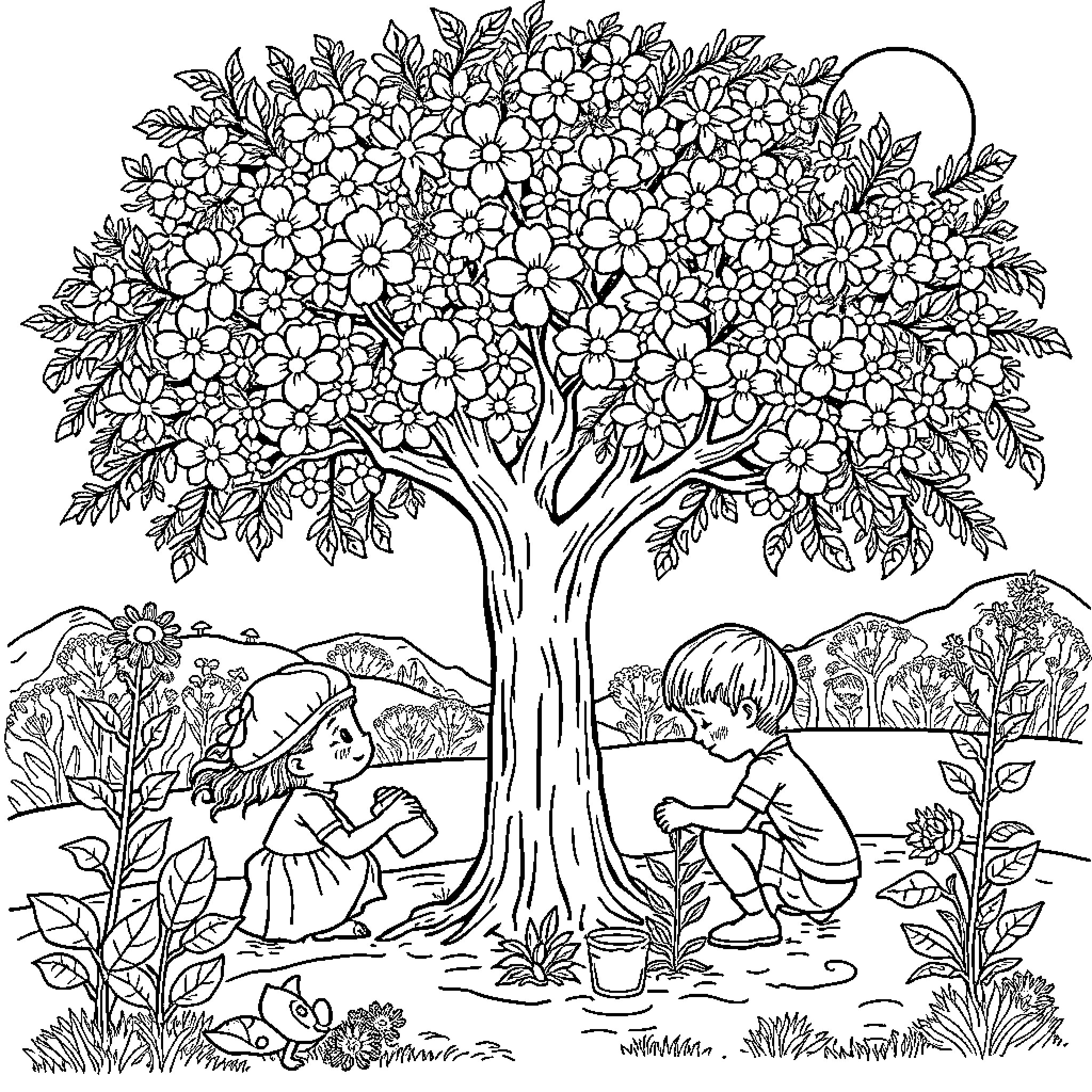 Tree with Flowers and Children Playing in Nature Coloring Page (free black-and-white line drawing printable PDF for all, from beginners to advanced learners, including children, teens, adults, and seniors)