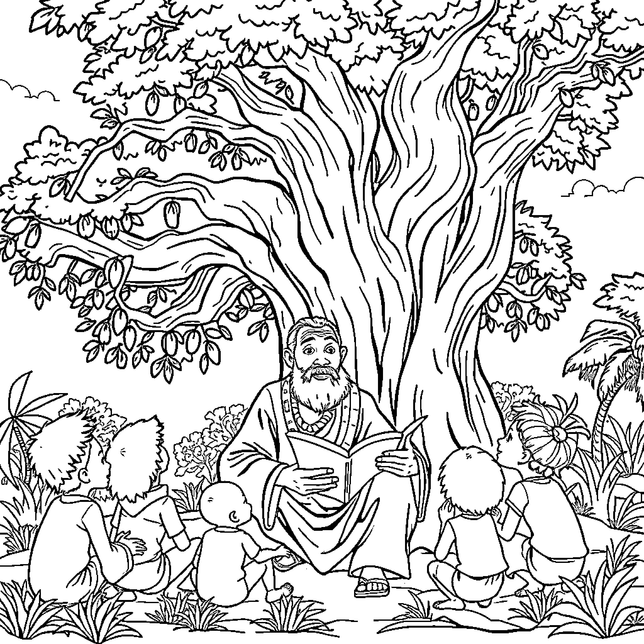 Storyteller sharing tales with curious children in nature Coloring Page (free black-and-white line drawing printable PDF for all, from beginners to advanced learners, including children, teens, adults, and seniors)