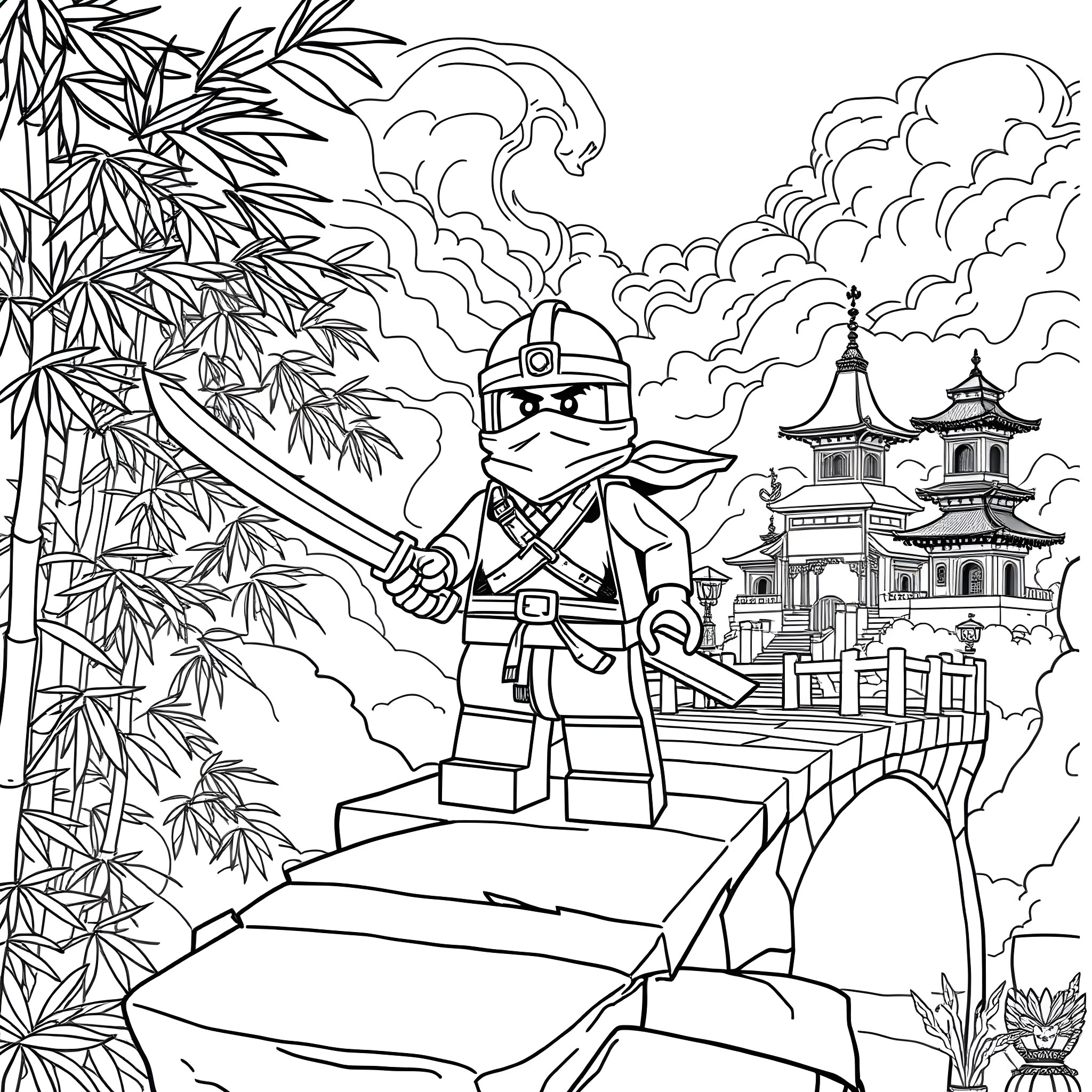 Ninja warrior amid bamboo grove and temples Coloring Page (free black-and-white line drawing printable PDF for all, from beginners to advanced learners, including children, teens, adults, and seniors)