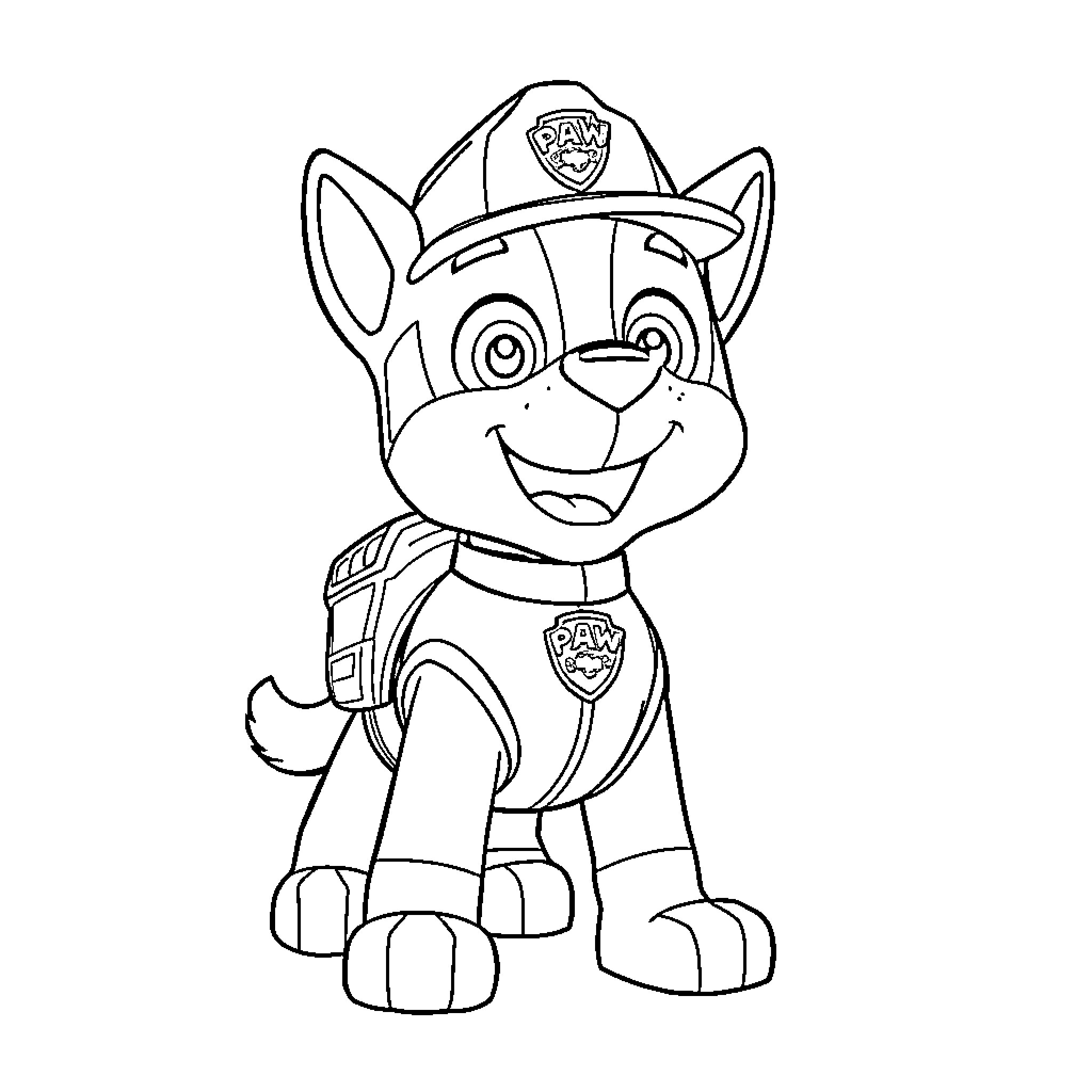 Paw Patrol Puppy in Uniform Smiling Coloring Page (free black-and-white line drawing printable PDF for all, from beginners to advanced learners, including children, teens, adults, and seniors)