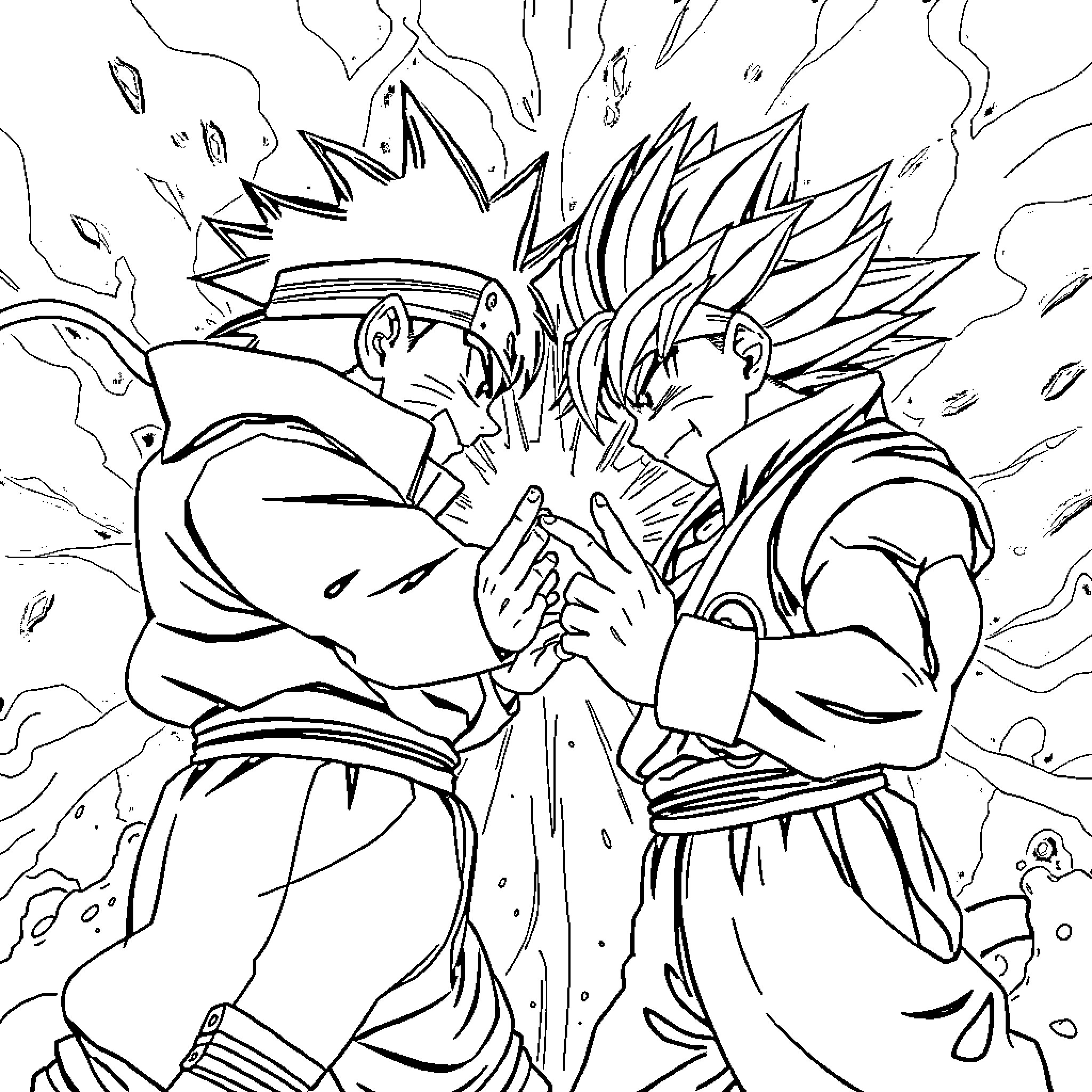 Naruto and Goku Intense Confrontation Coloring Page (free black-and-white line drawing printable PDF for all, from beginners to advanced learners, including children, teens, adults, and seniors)