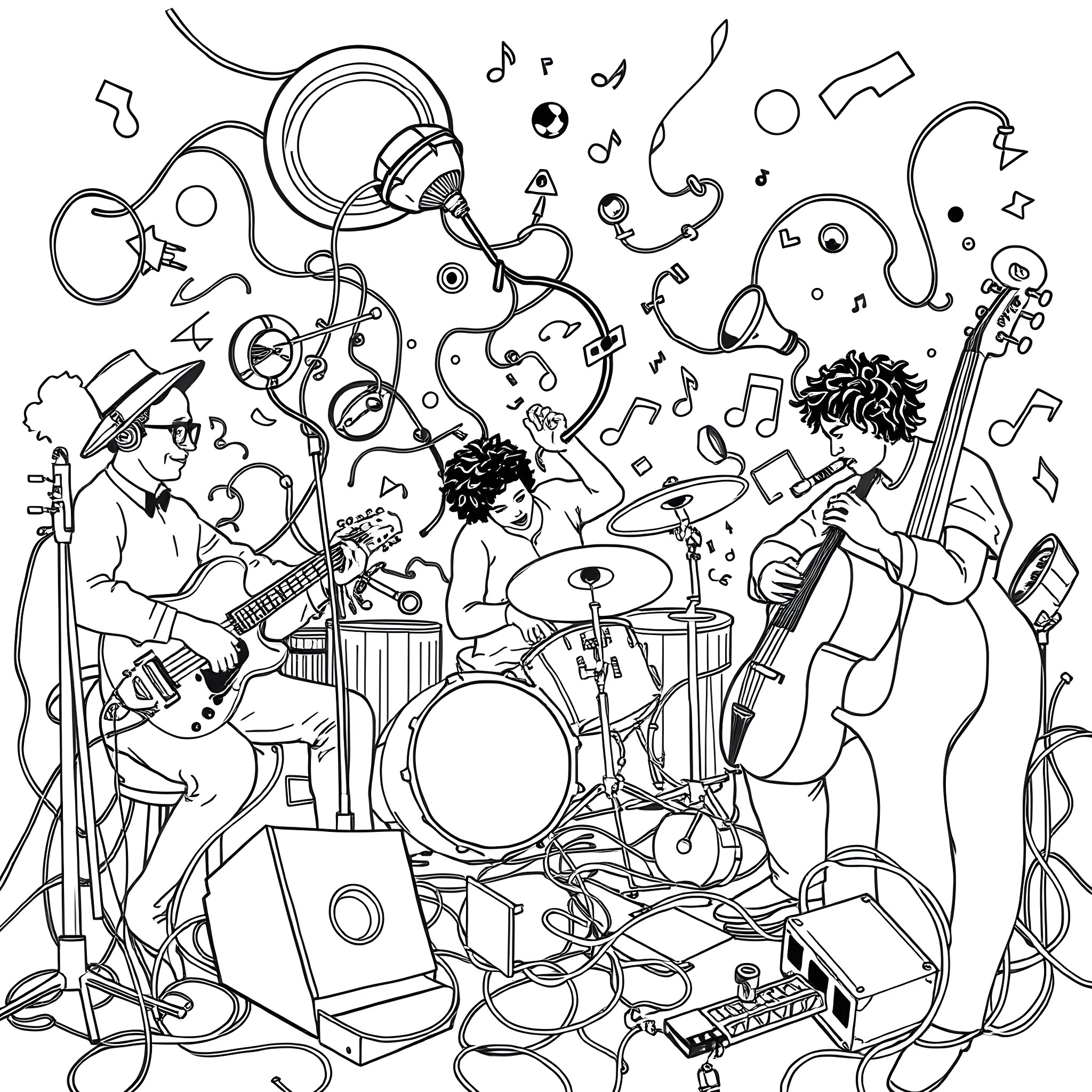 Noise Music: Expressive Musicians Jamming with Instruments Coloring Page (free black-and-white line drawing printable PDF for all, from beginners to advanced learners, including children, teens, adults, and seniors)