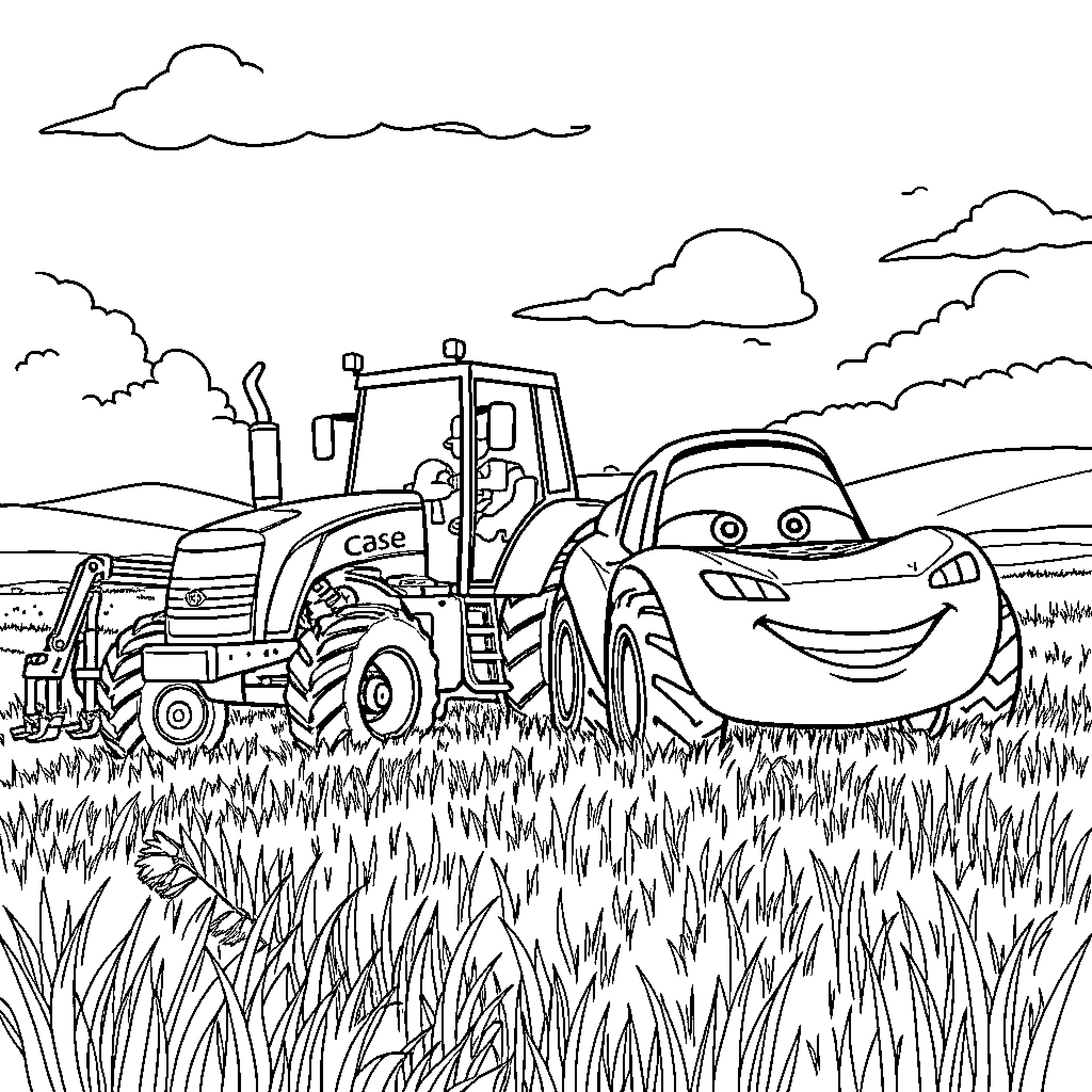 Tractor and Car-Themed Vehicle in the Countryside Coloring Page (free black-and-white line drawing printable PDF for all, from beginners to advanced learners, including children, teens, adults, and seniors)