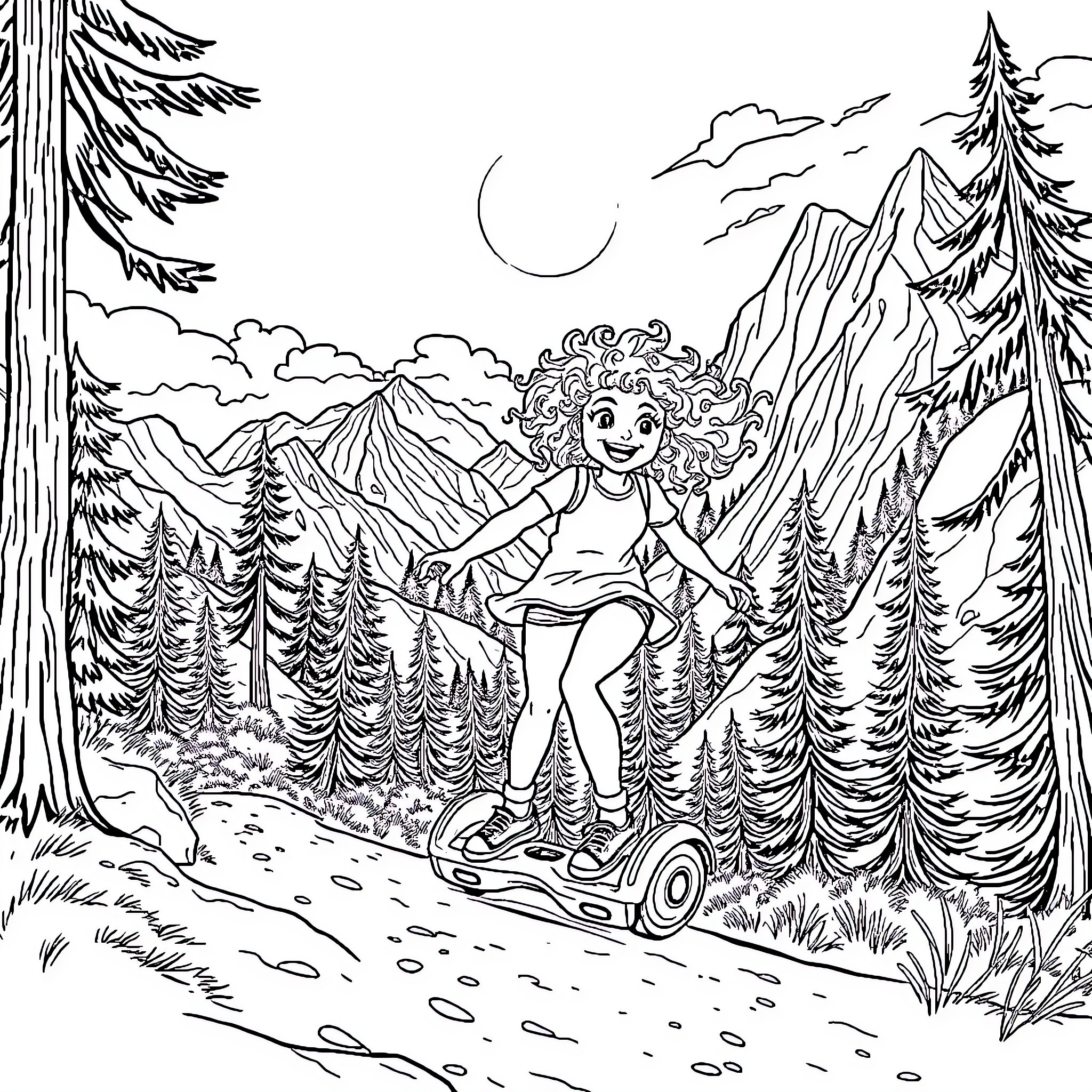 Girl Riding Hoverboard in Mountainous Forest Coloring Page (free black-and-white line drawing printable PDF for all, from beginners to advanced learners, including children, teens, adults, and seniors)