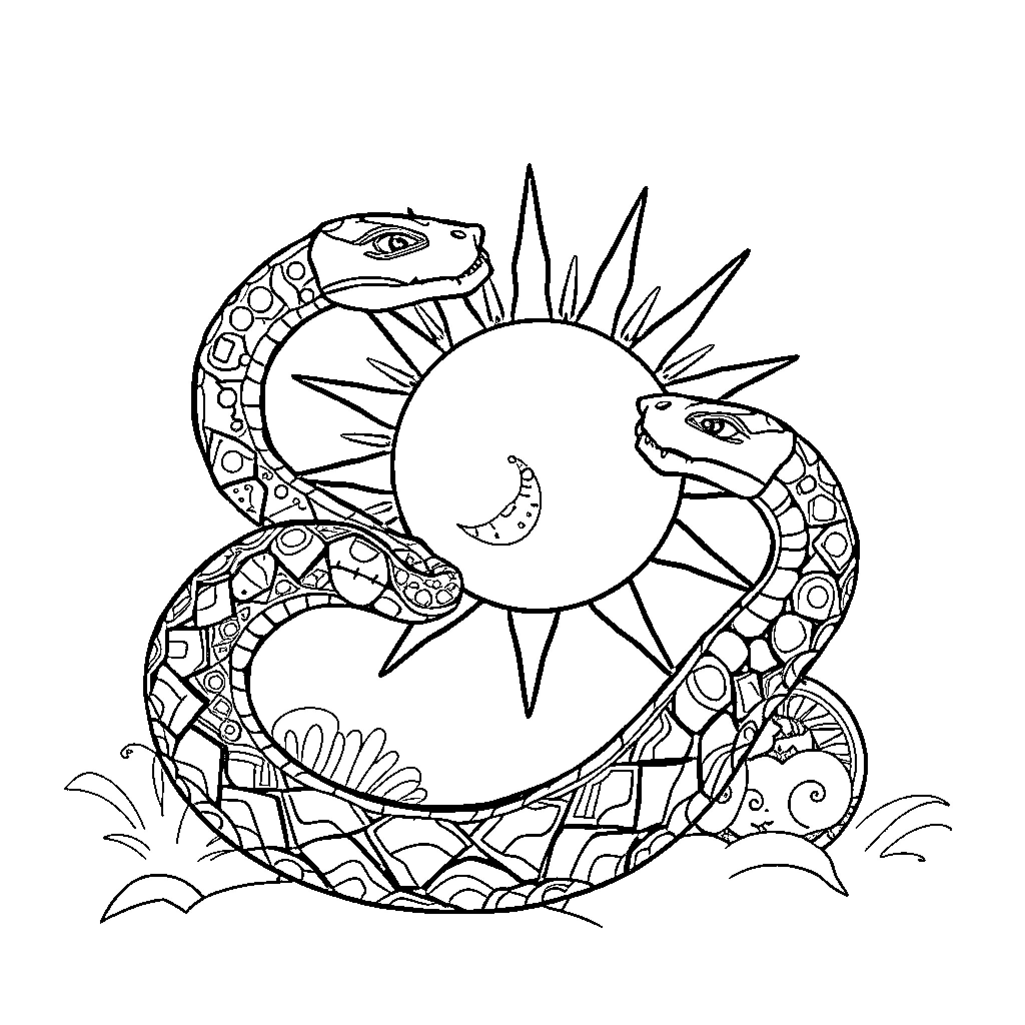 Snake coiled around sun and moon shapes Coloring Page (free black-and-white line drawing printable PDF for all, from beginners to advanced learners, including children, teens, adults, and seniors)