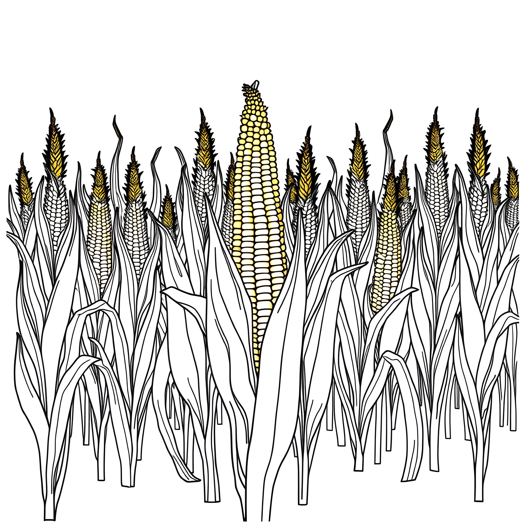 Trump's Corn Crop Flourishes in the Field Coloring Page (free black-and-white line drawing printable PDF for all, from beginners to advanced learners, including children, teens, adults, and seniors)