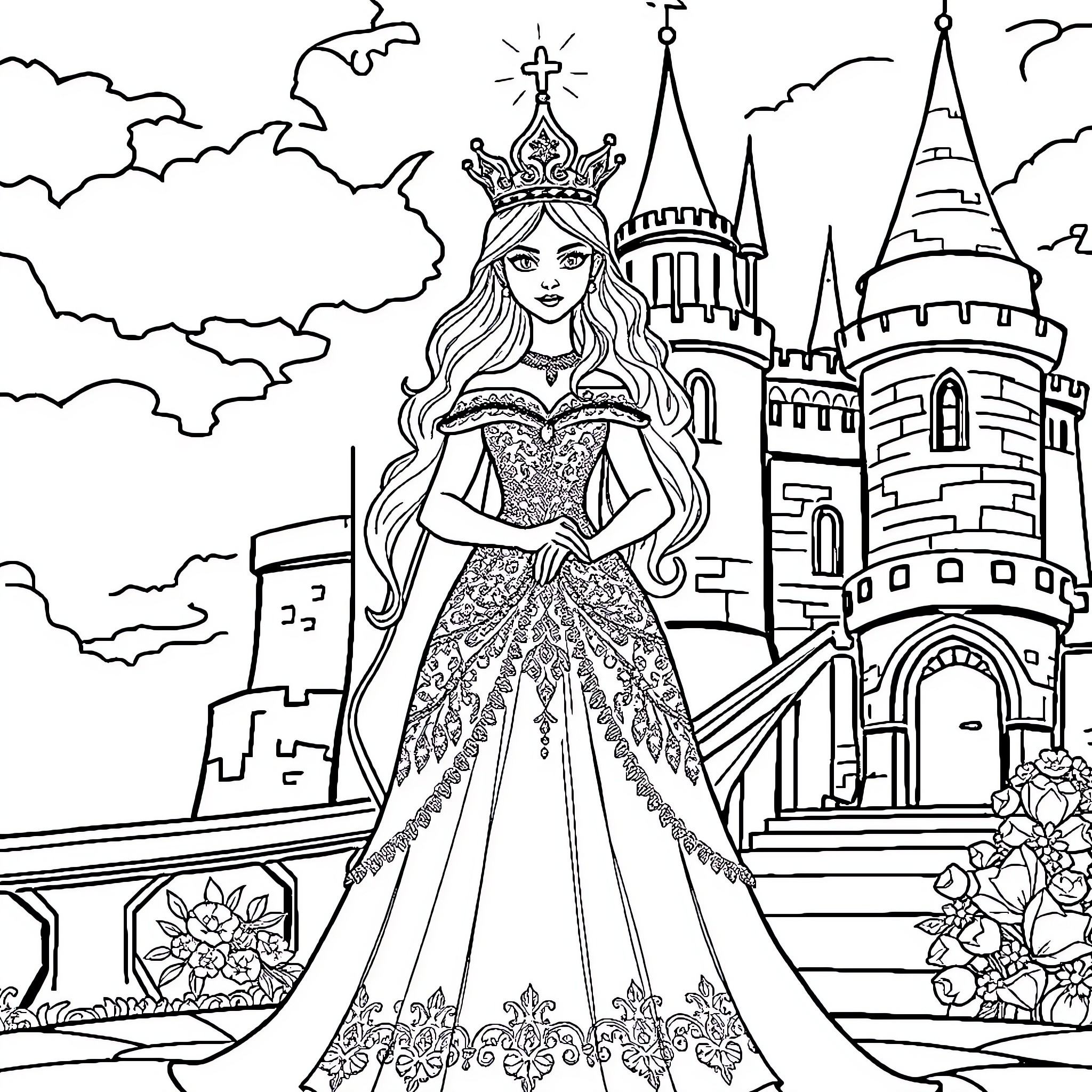 Princess in Elegant Gown Outside a Majestic Castle Coloring Page (free black-and-white line drawing printable PDF for all, from beginners to advanced learners, including children, teens, adults, and seniors)