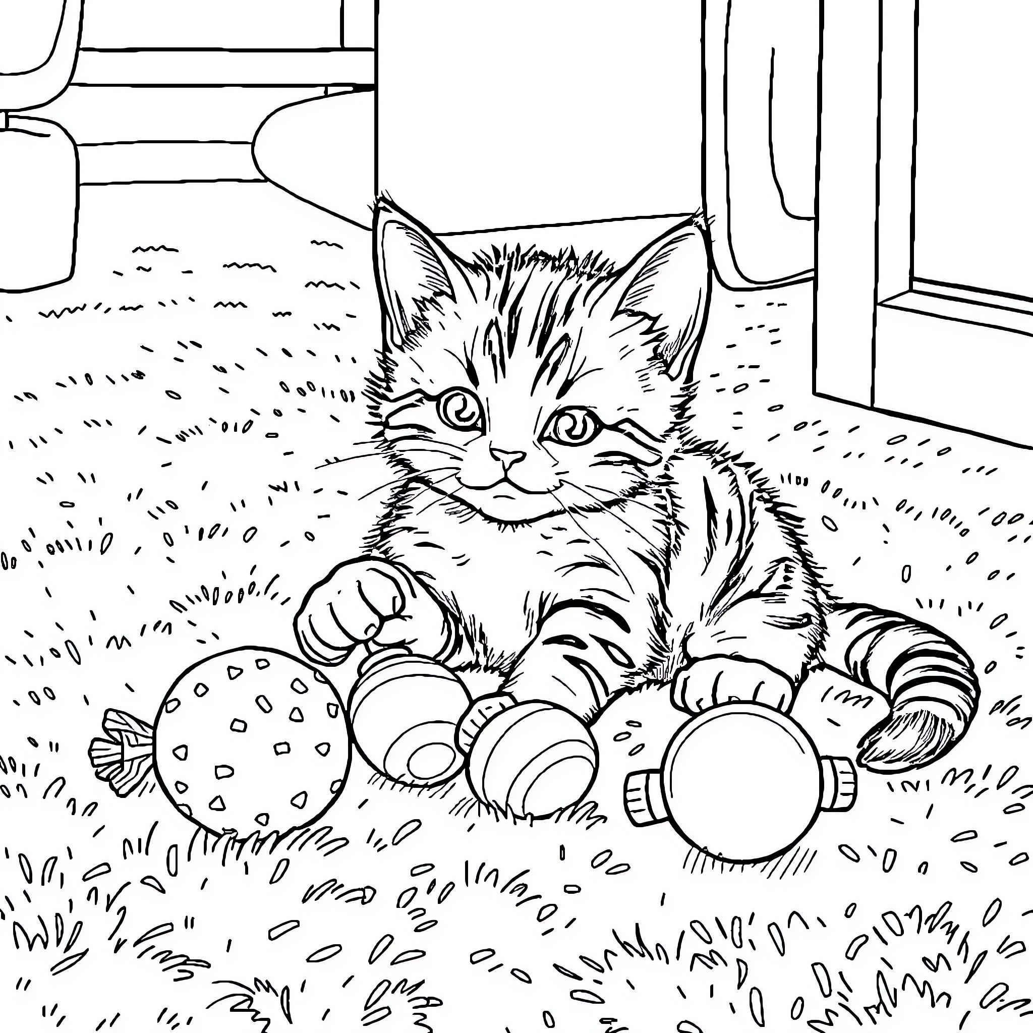 Kitty playing with toys in the room Coloring Page (free black-and-white line drawing printable PDF for all, from beginners to advanced learners, including children, teens, adults, and seniors)