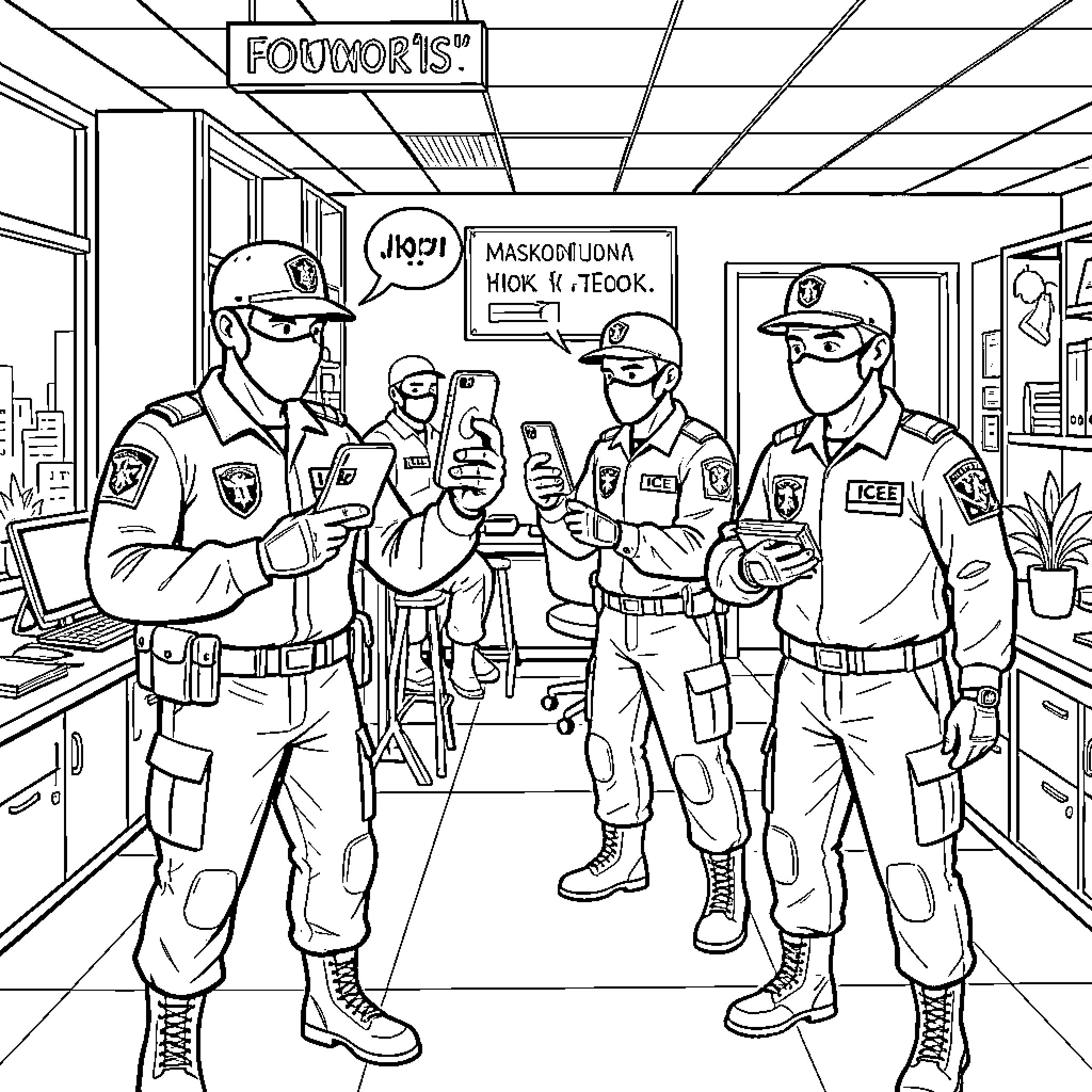 Ice Agent officers monitoring surveillance in the station Coloring Page (free black-and-white line drawing printable PDF for all, from beginners to advanced learners, including children, teens, adults, and seniors)